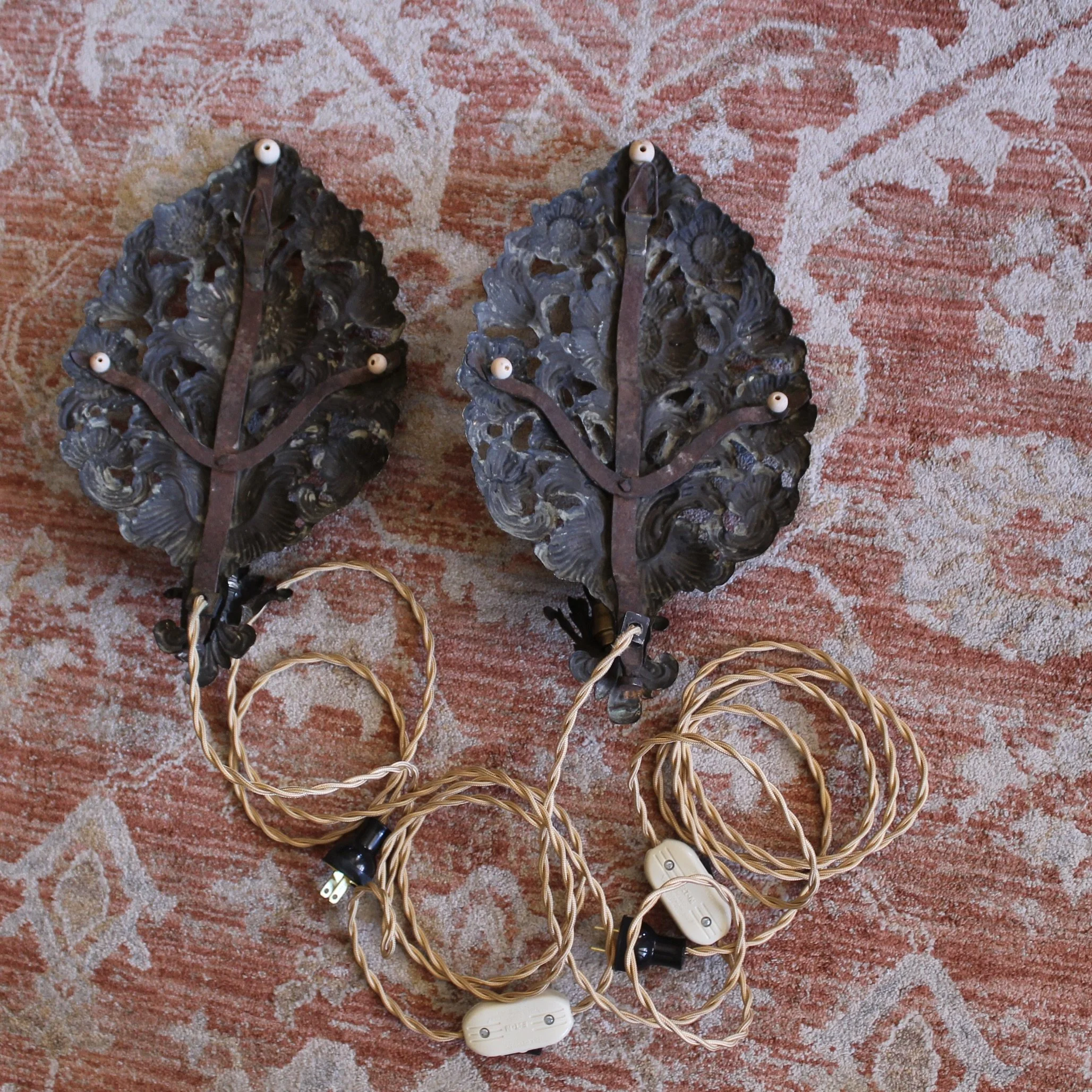 Pair Antique Brass Repoussé Sconces