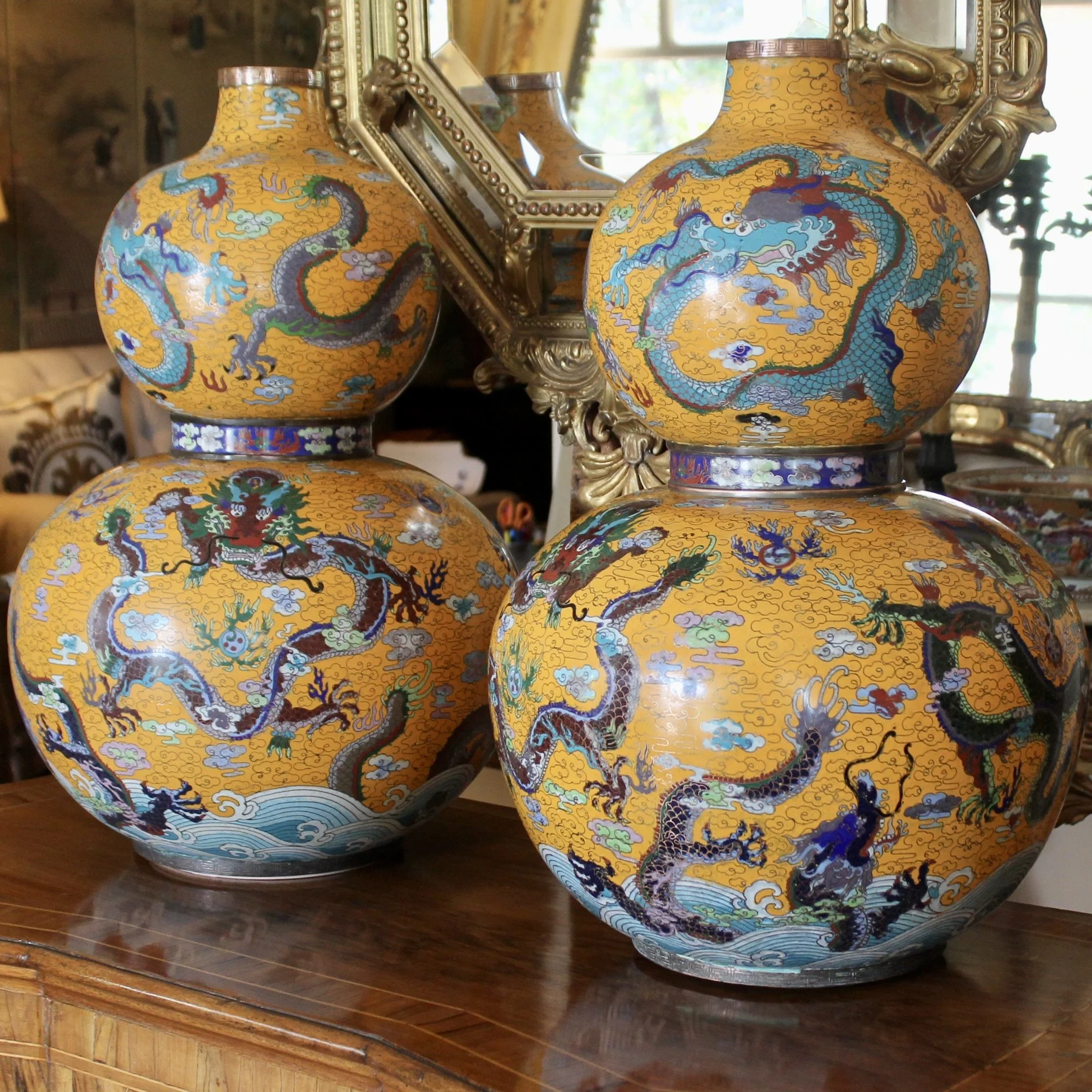Pair of Yellow Chinese Cloisonné on Copper Double Gourd Vases