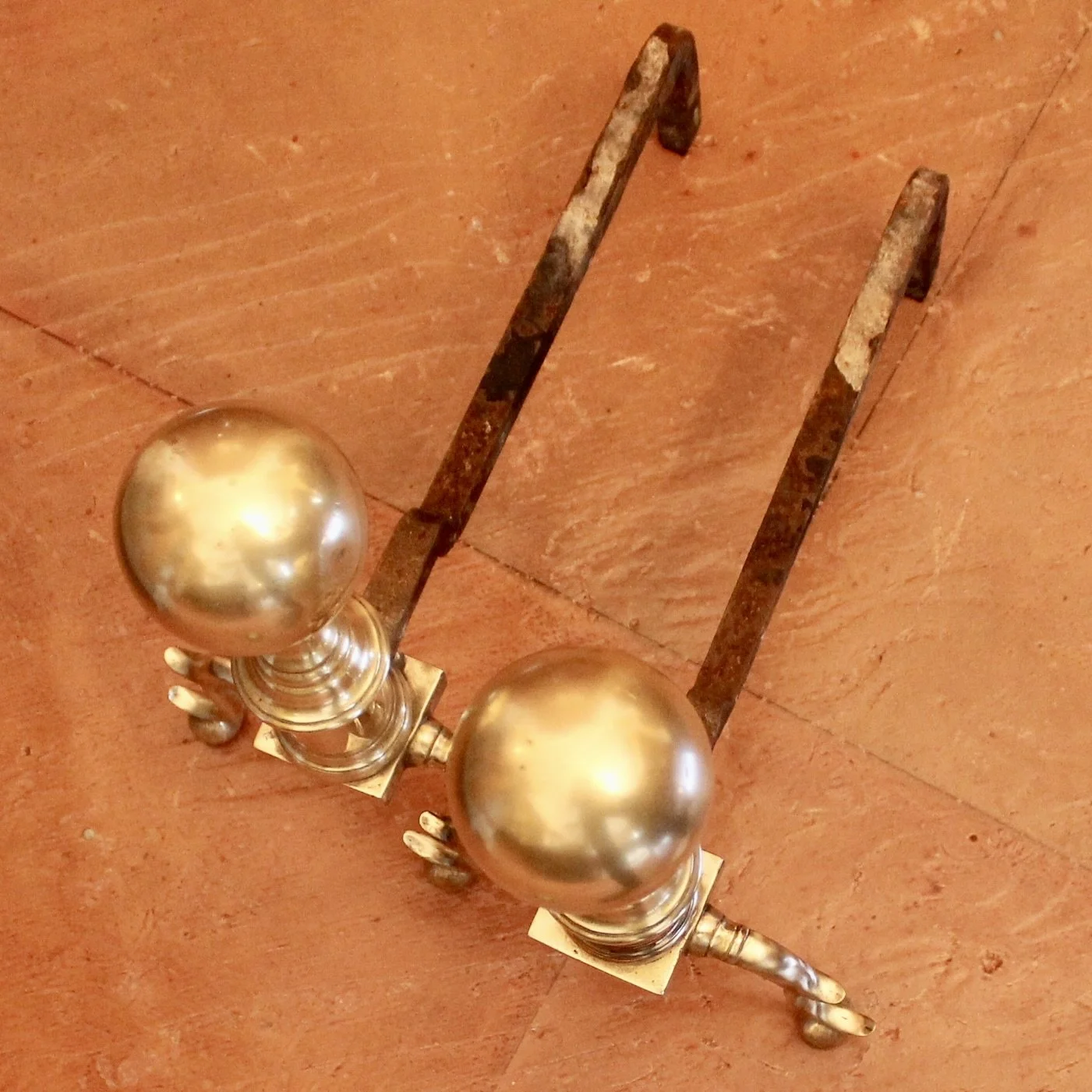 Pair of Antique American Cannon Ball Top Brass Andirons