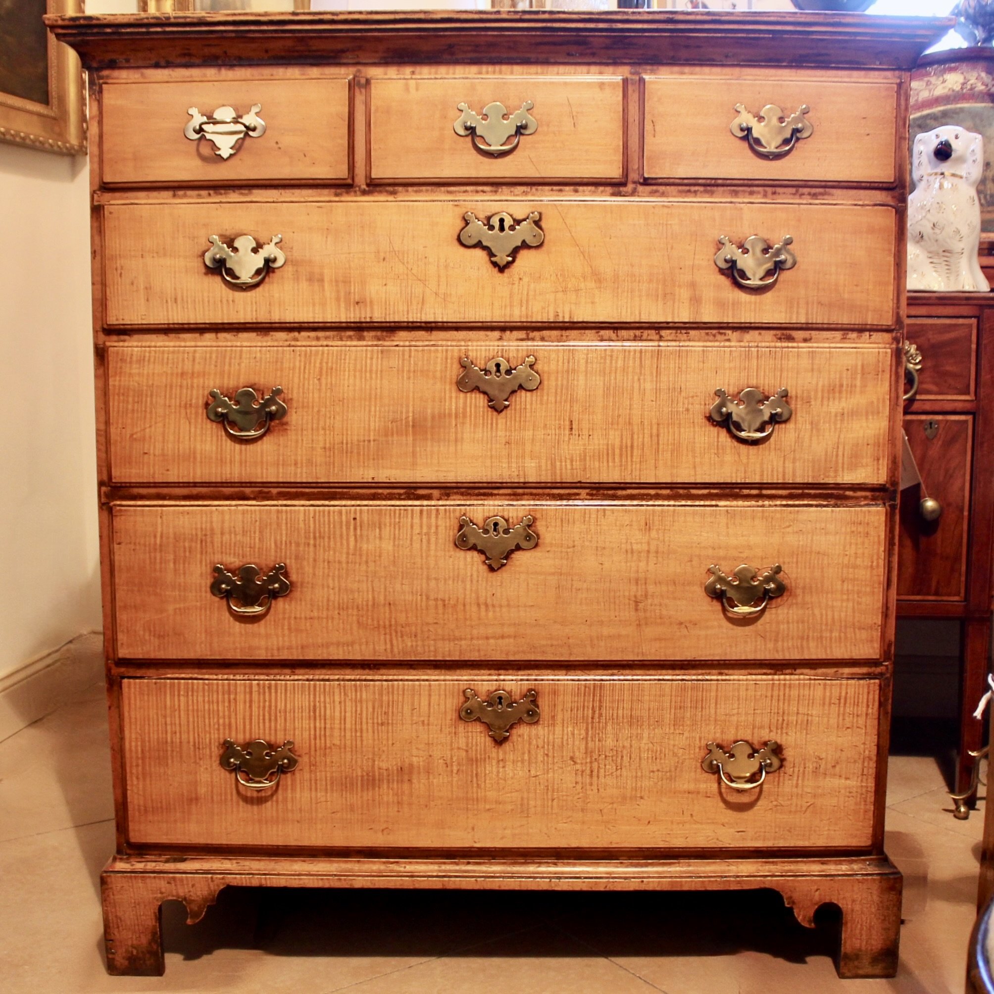 Pair Tall New England Tiger Maple Chippendale Chests of Drawers