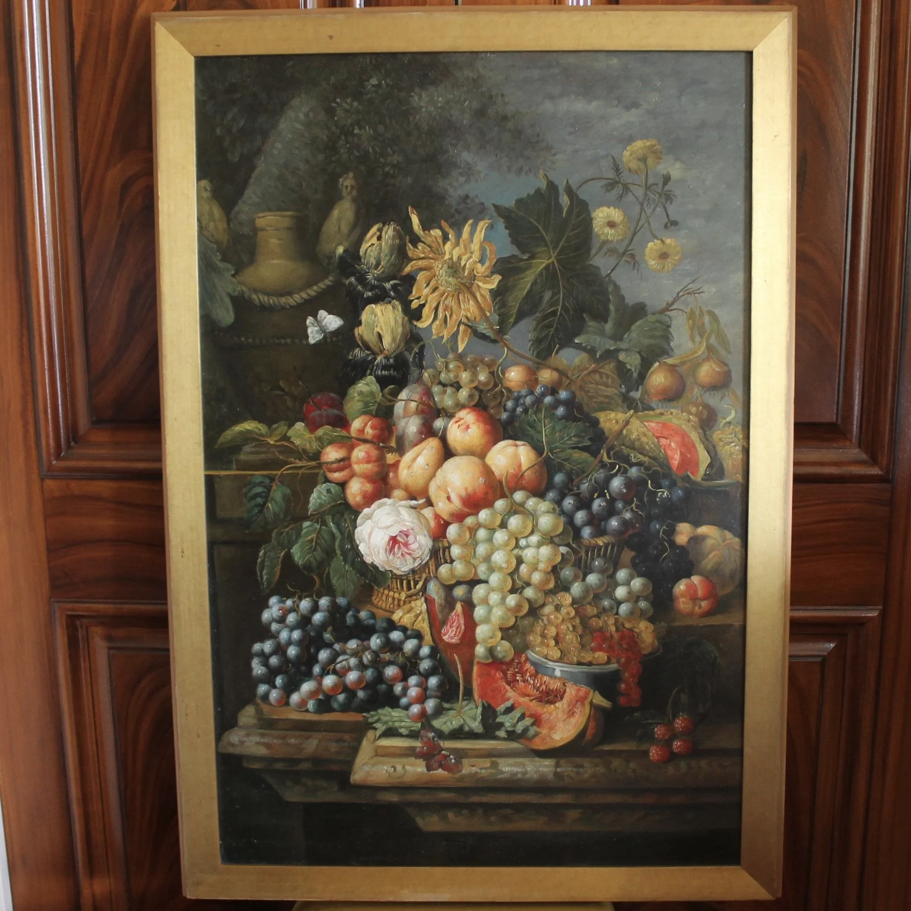 Still Life Oil on Canvas Painting: Flowers and Fruit