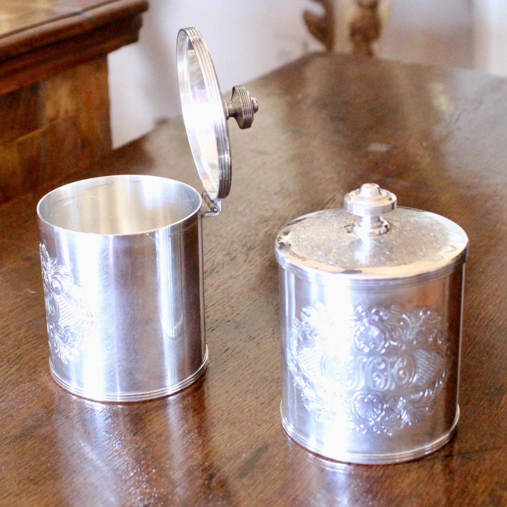 Pair of English Silver Plate Tea Caddies, Henry Birks and Sons