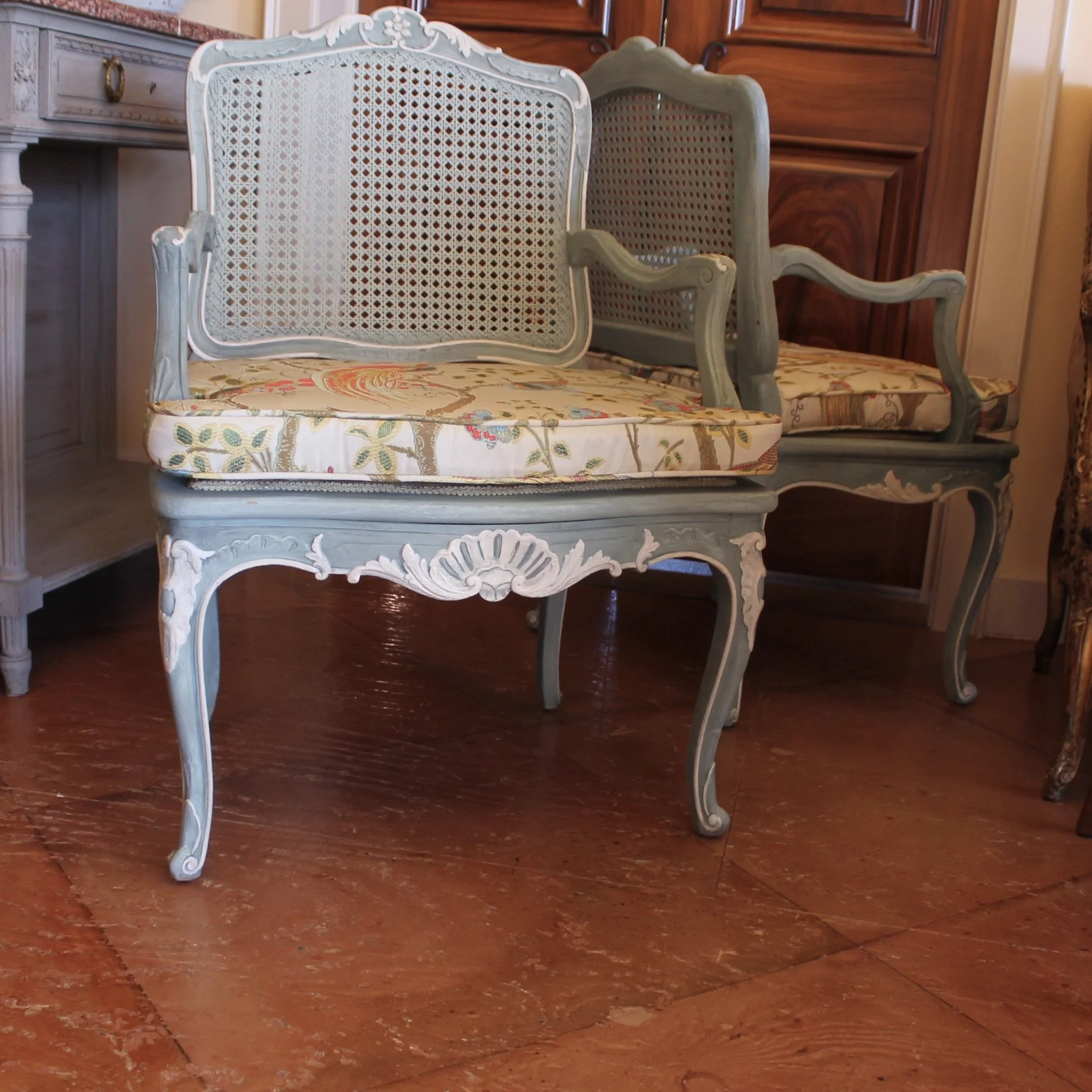 Pair of French Provincial Armchairs in Blue Painted Finish