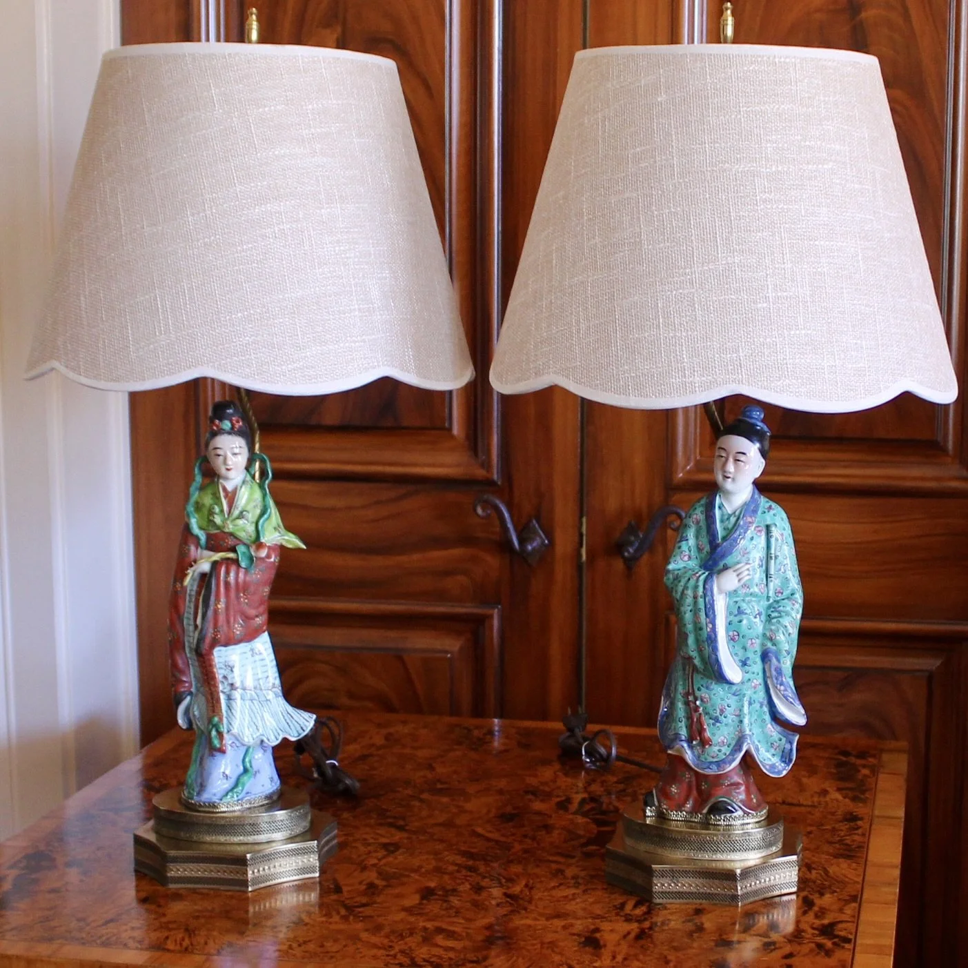 Antique Chinoiserie Porcelain Figure Lamps, Pair