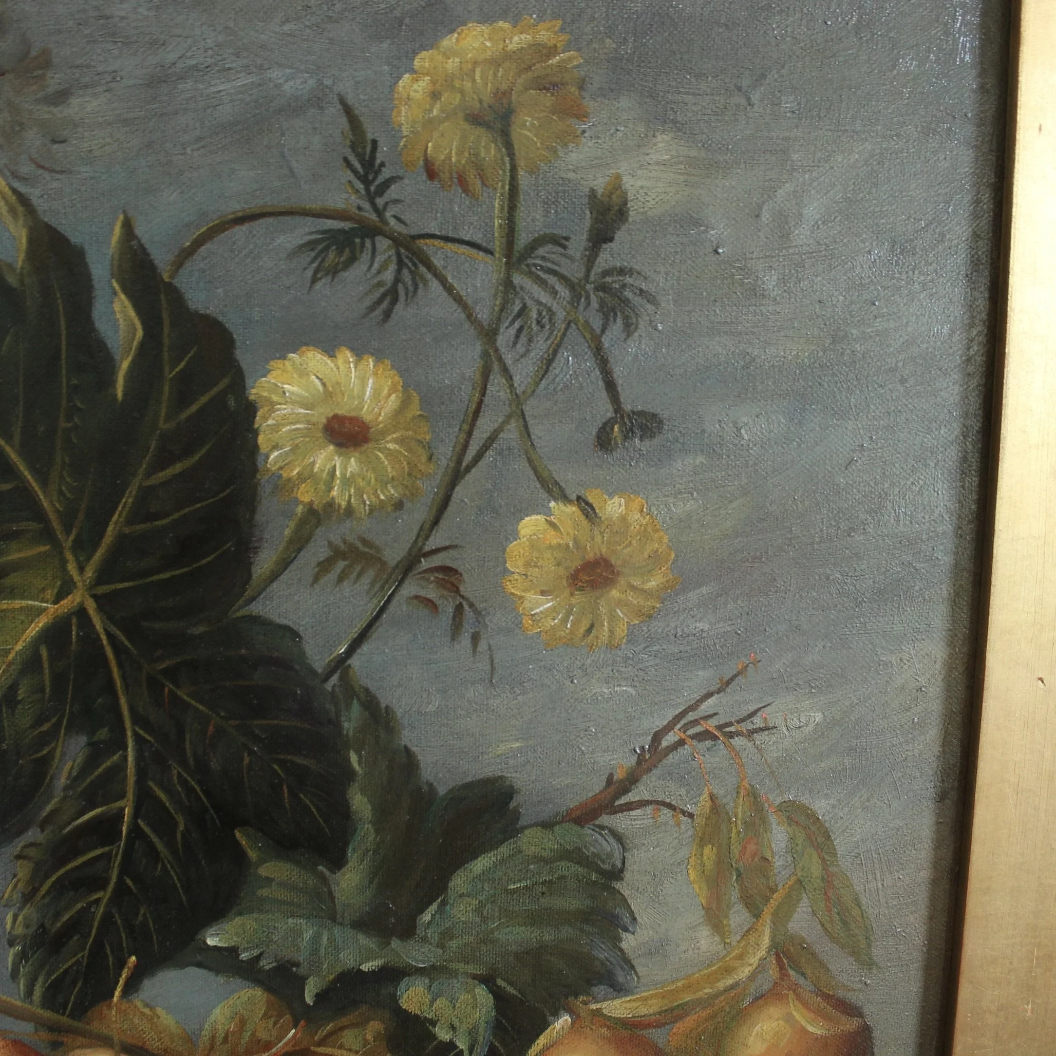 Still Life Oil on Canvas Painting: Flowers and Fruit