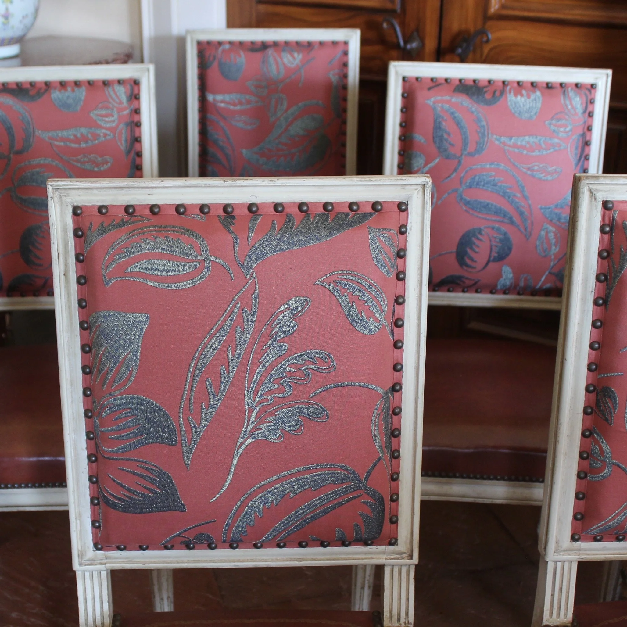 Set of Six French Painted Dining Chairs, Louis XVI Style