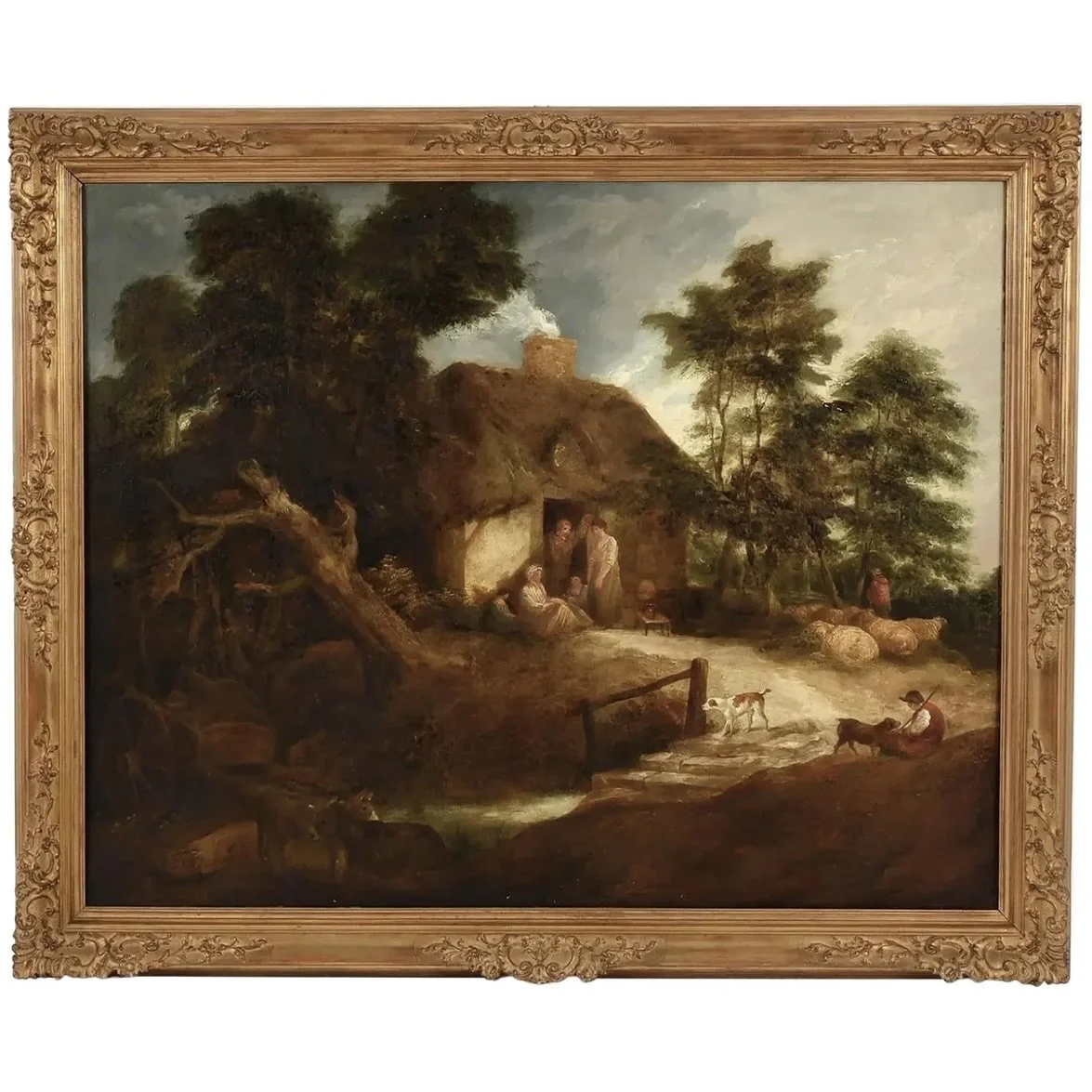 “Evening at the Cottage” Large Oil on Canvas Attributed to George Morland