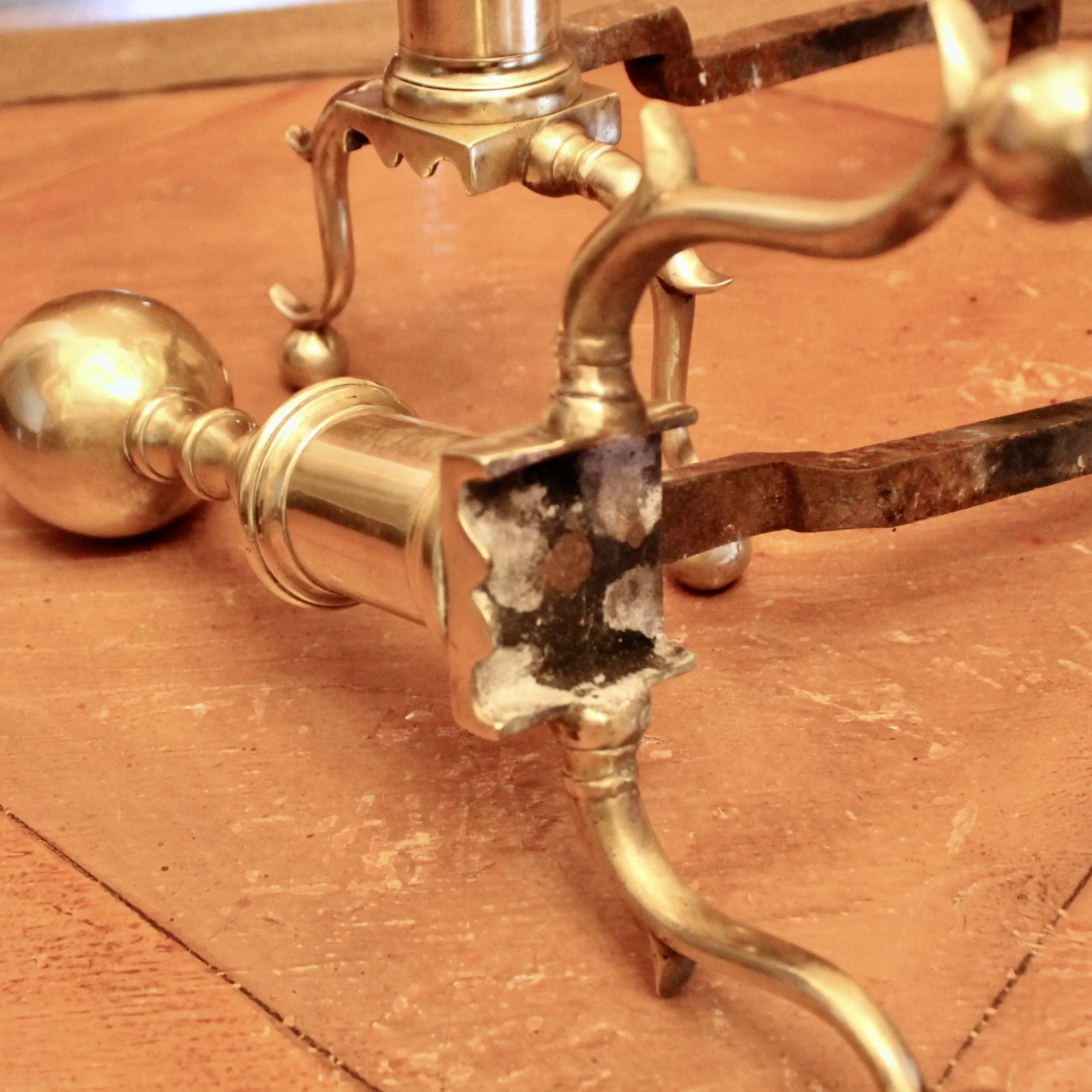 Pair of Antique American Cannon Ball Top Brass Andirons