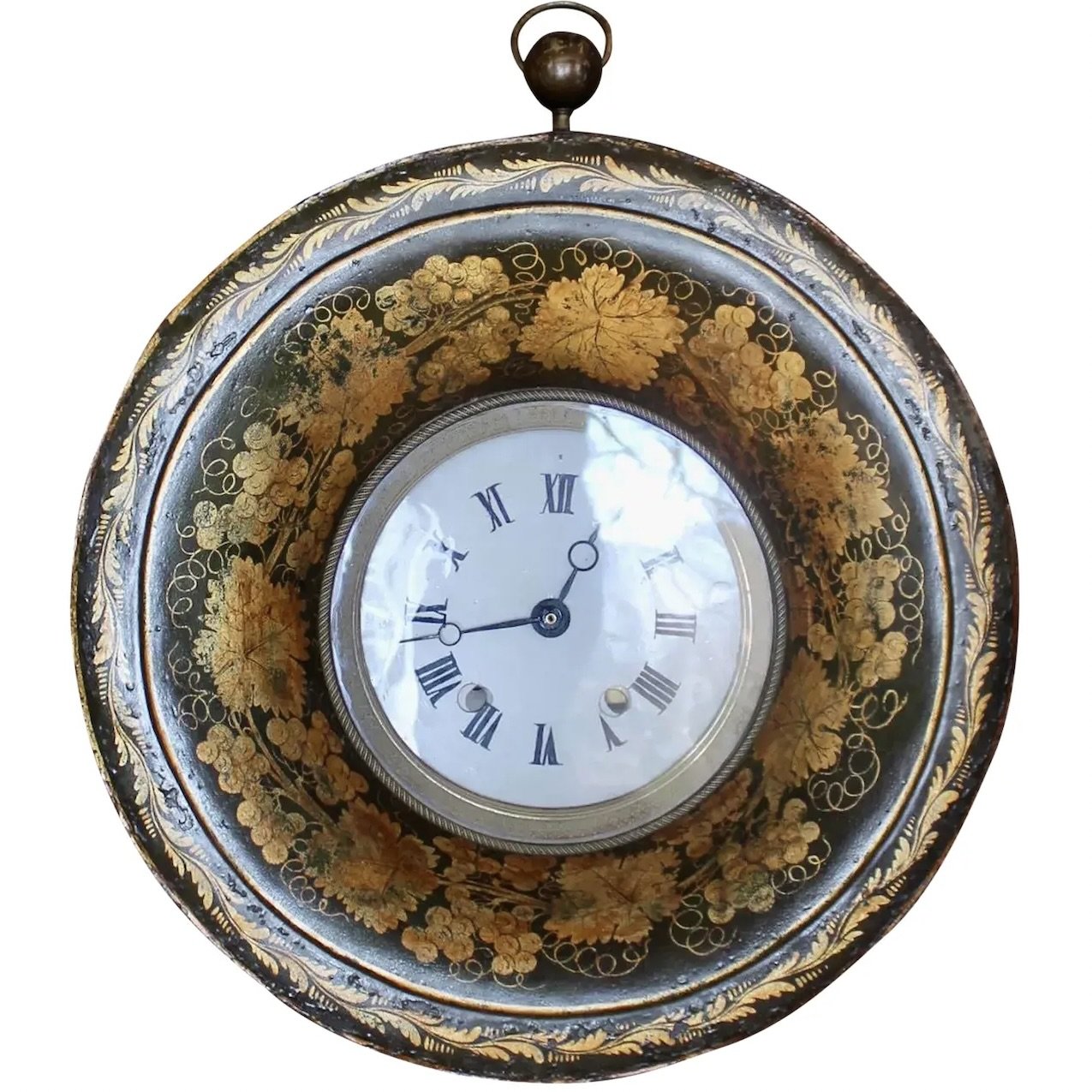 Large French Charles X Painted and Gilded Tôle Clock