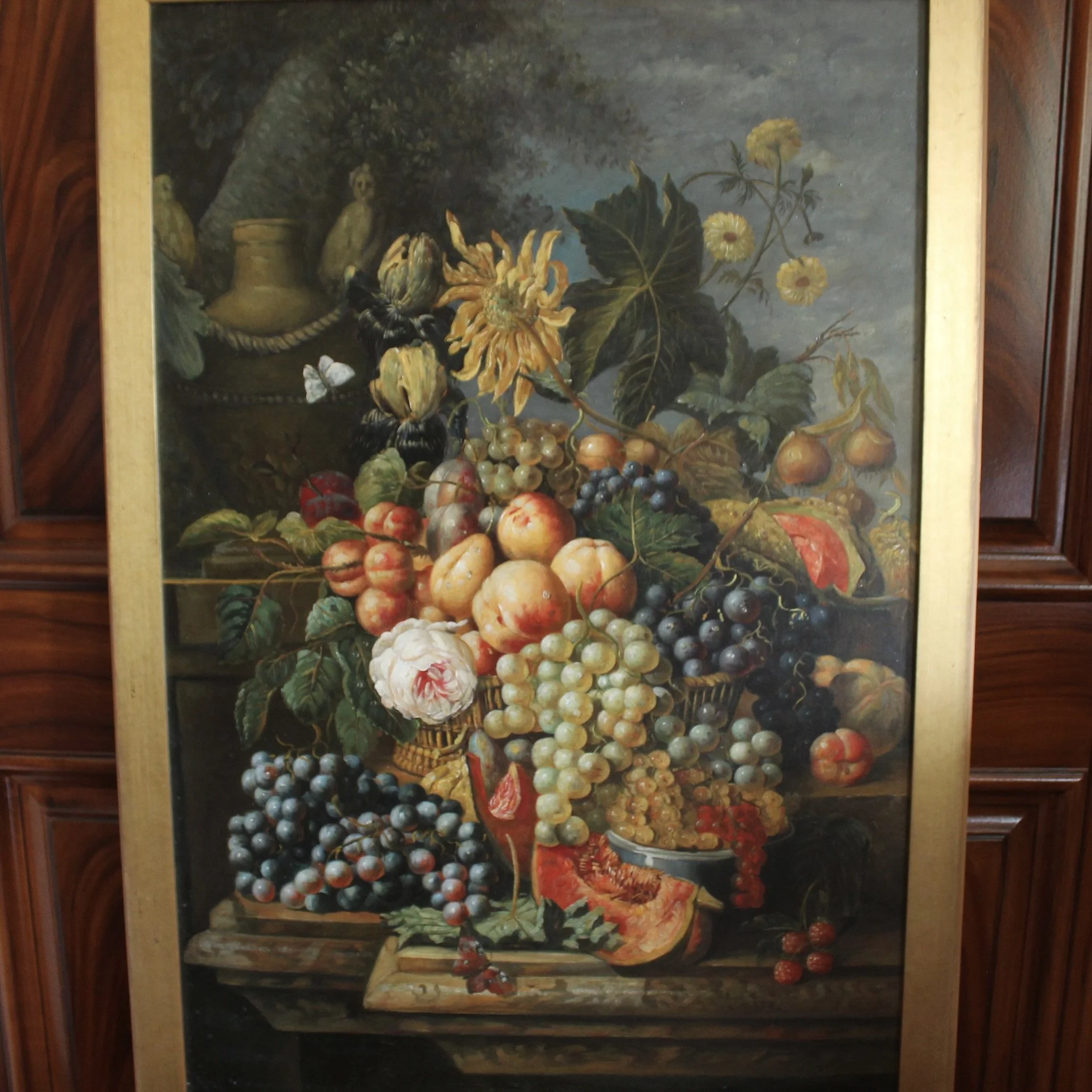 Still Life Oil on Canvas Painting: Flowers and Fruit