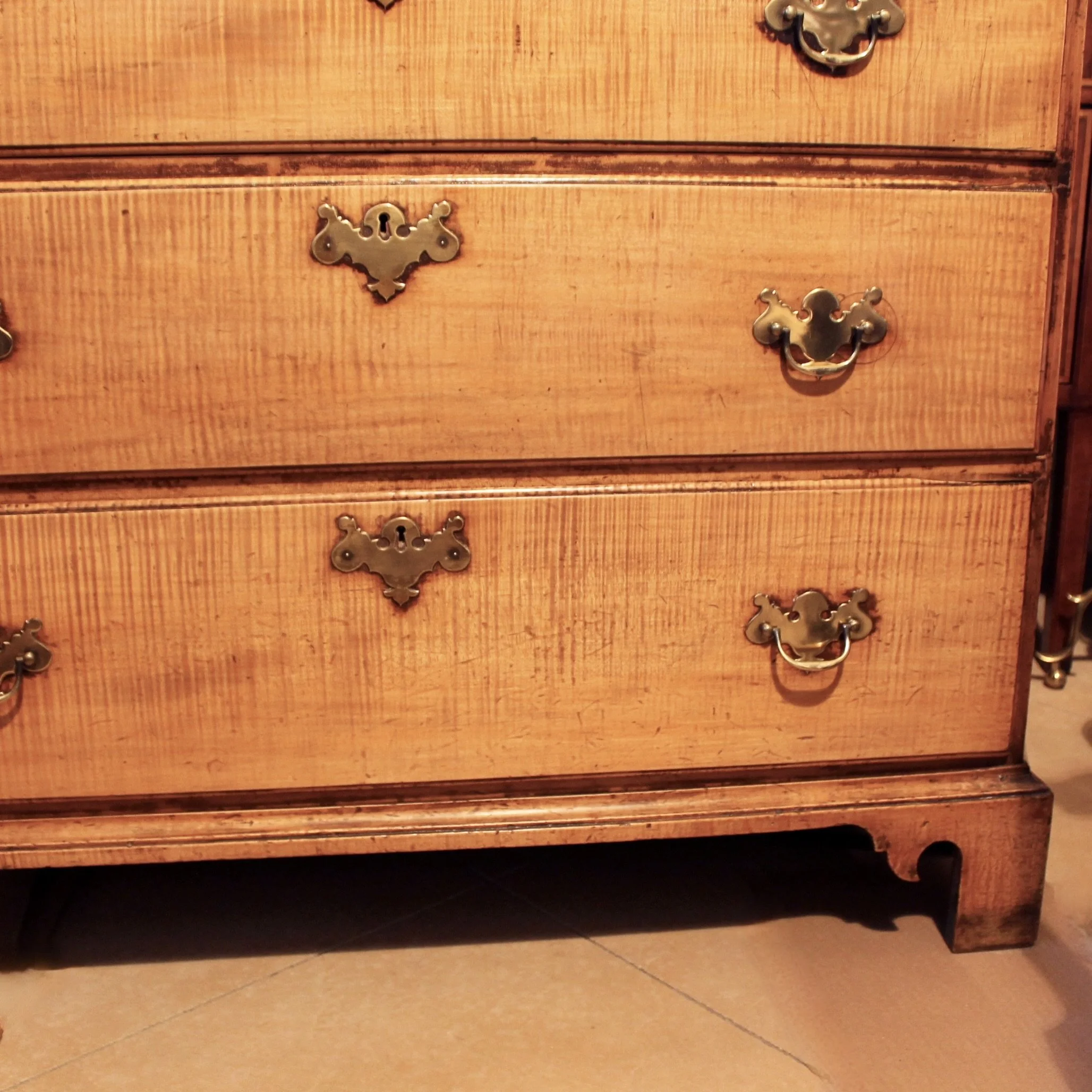 Pair Tall New England Tiger Maple Chippendale Chests of Drawers