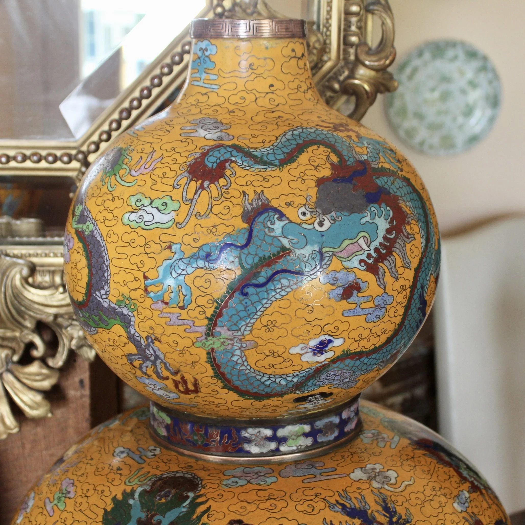 Pair of Yellow Chinese Cloisonné on Copper Double Gourd Vases