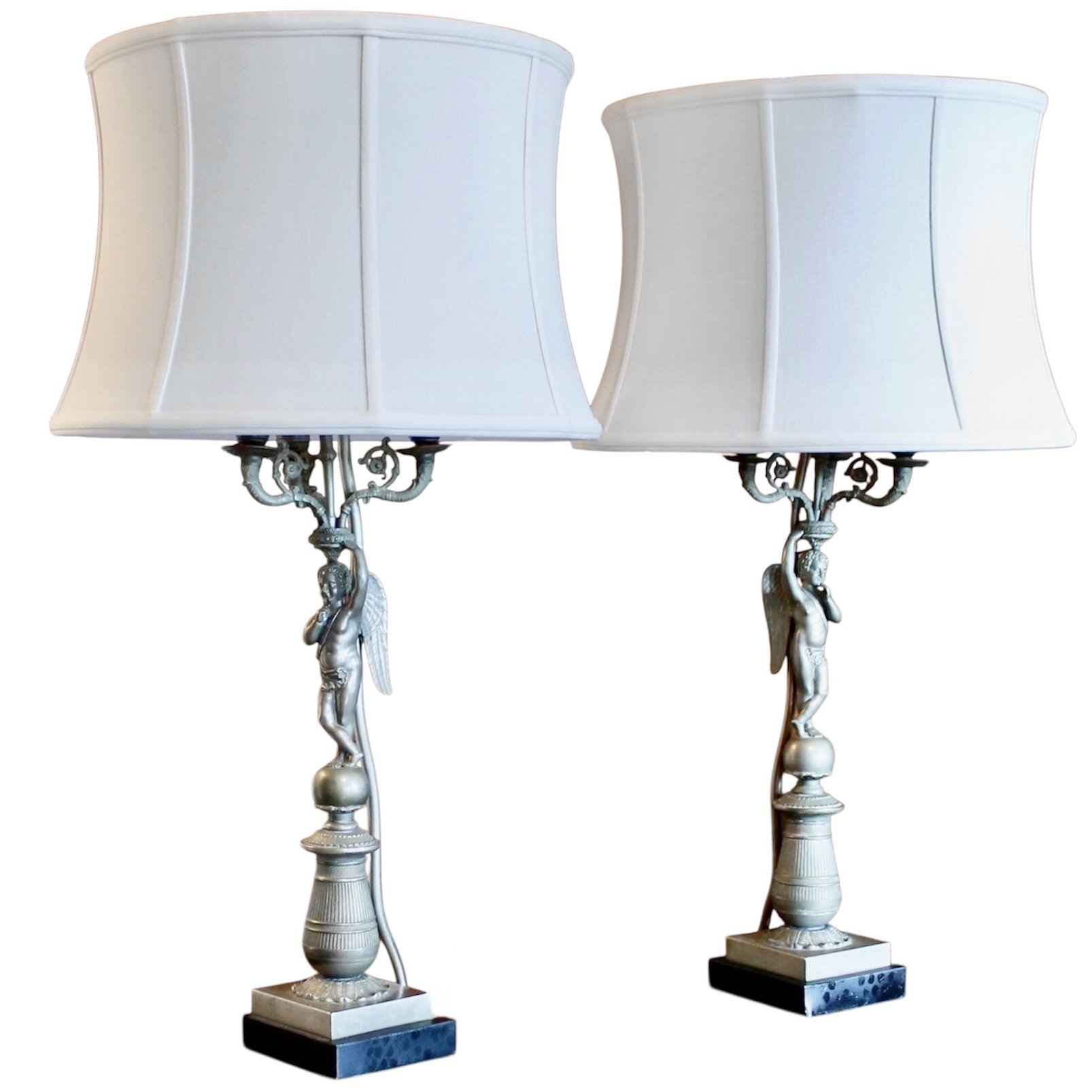 Pair Continental Pewter Winged Putto Figural Candelabra Lamps