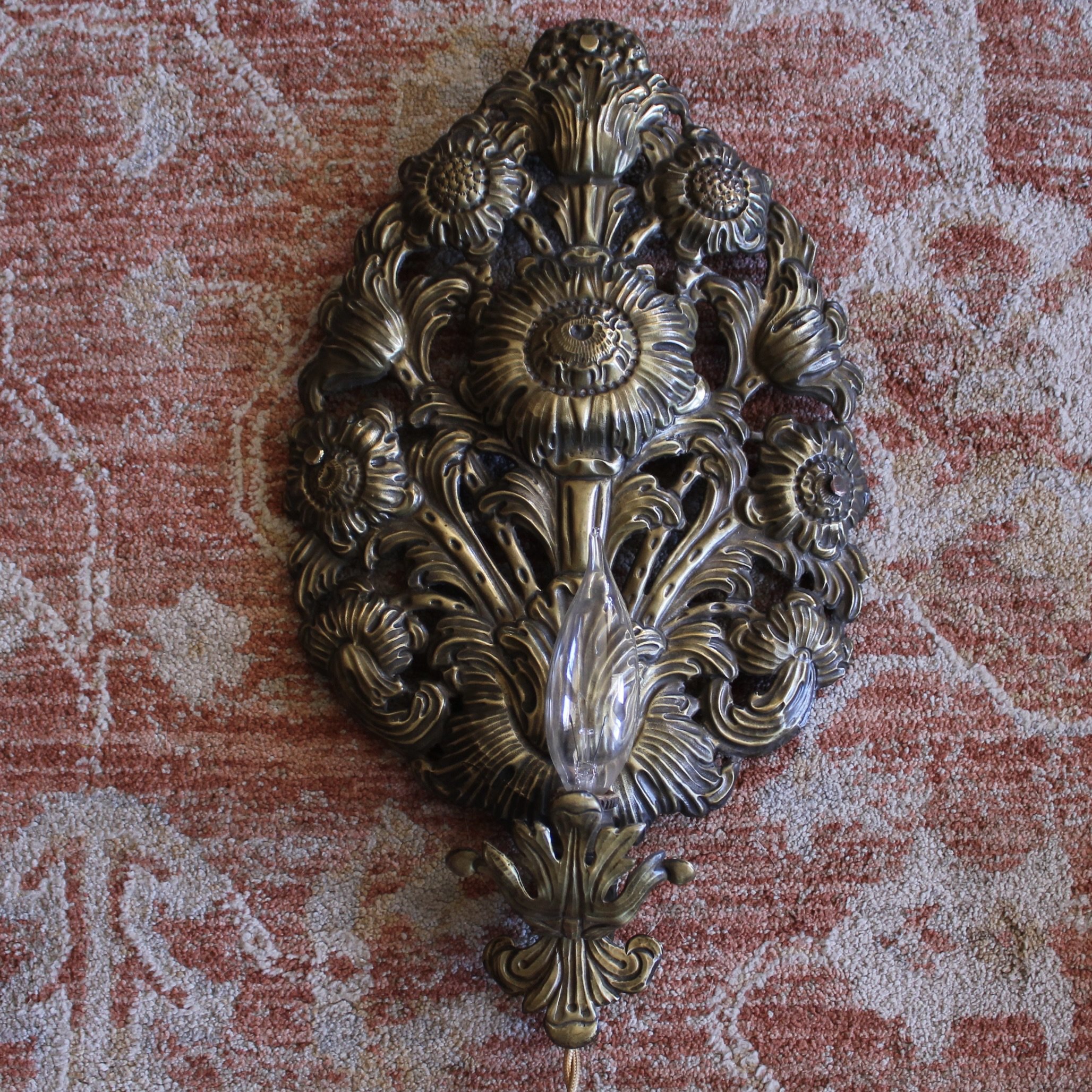 Pair Antique Brass Repoussé Sconces