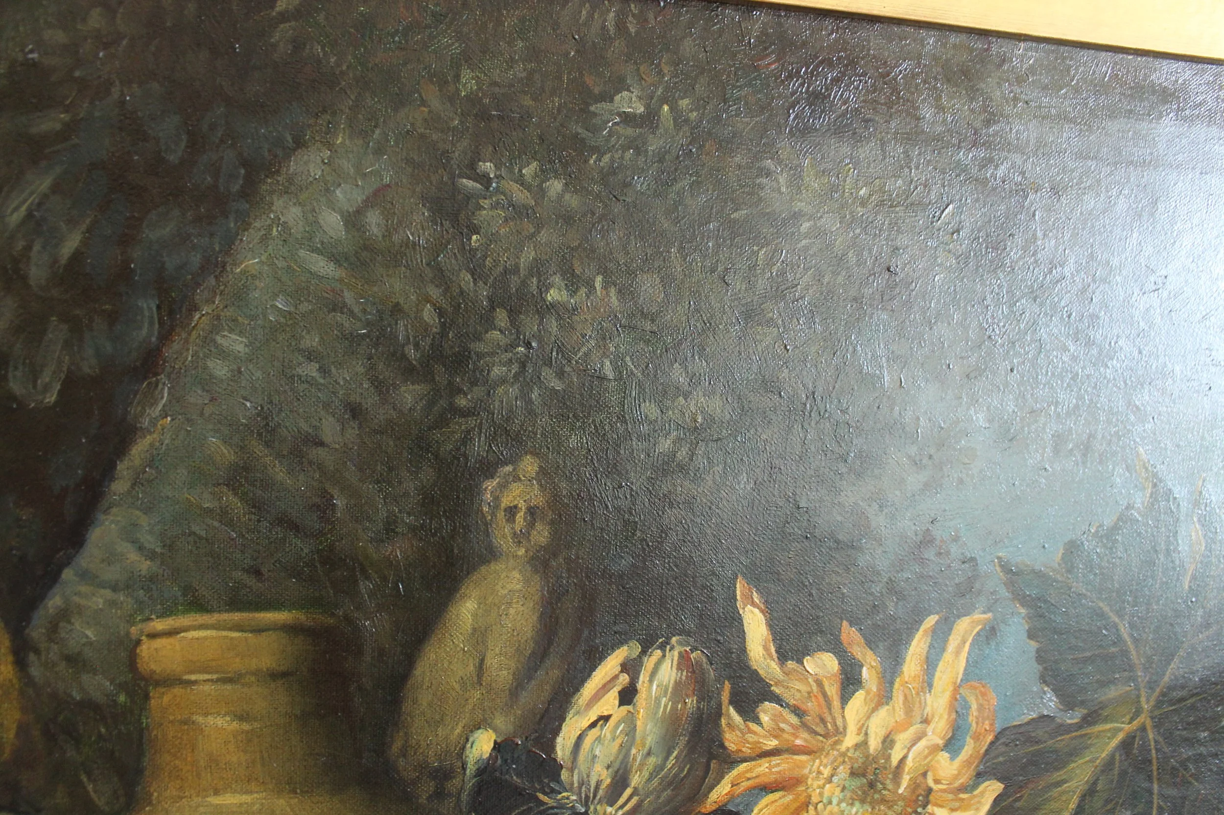 Still Life Oil on Canvas Painting: Flowers and Fruit