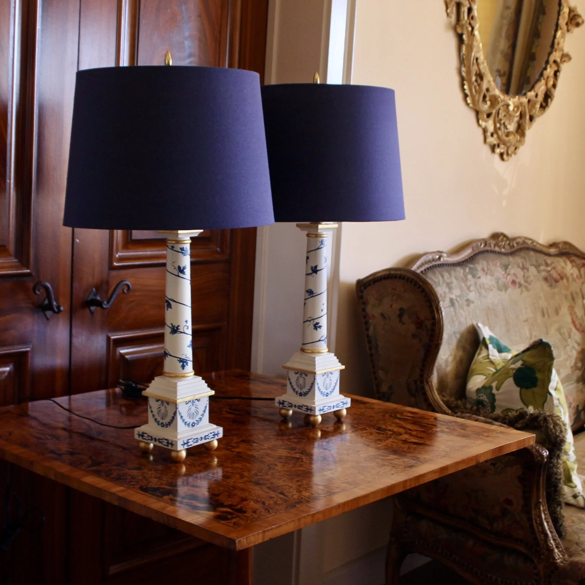 Pair Neoclassical Painted Gilt Lamps