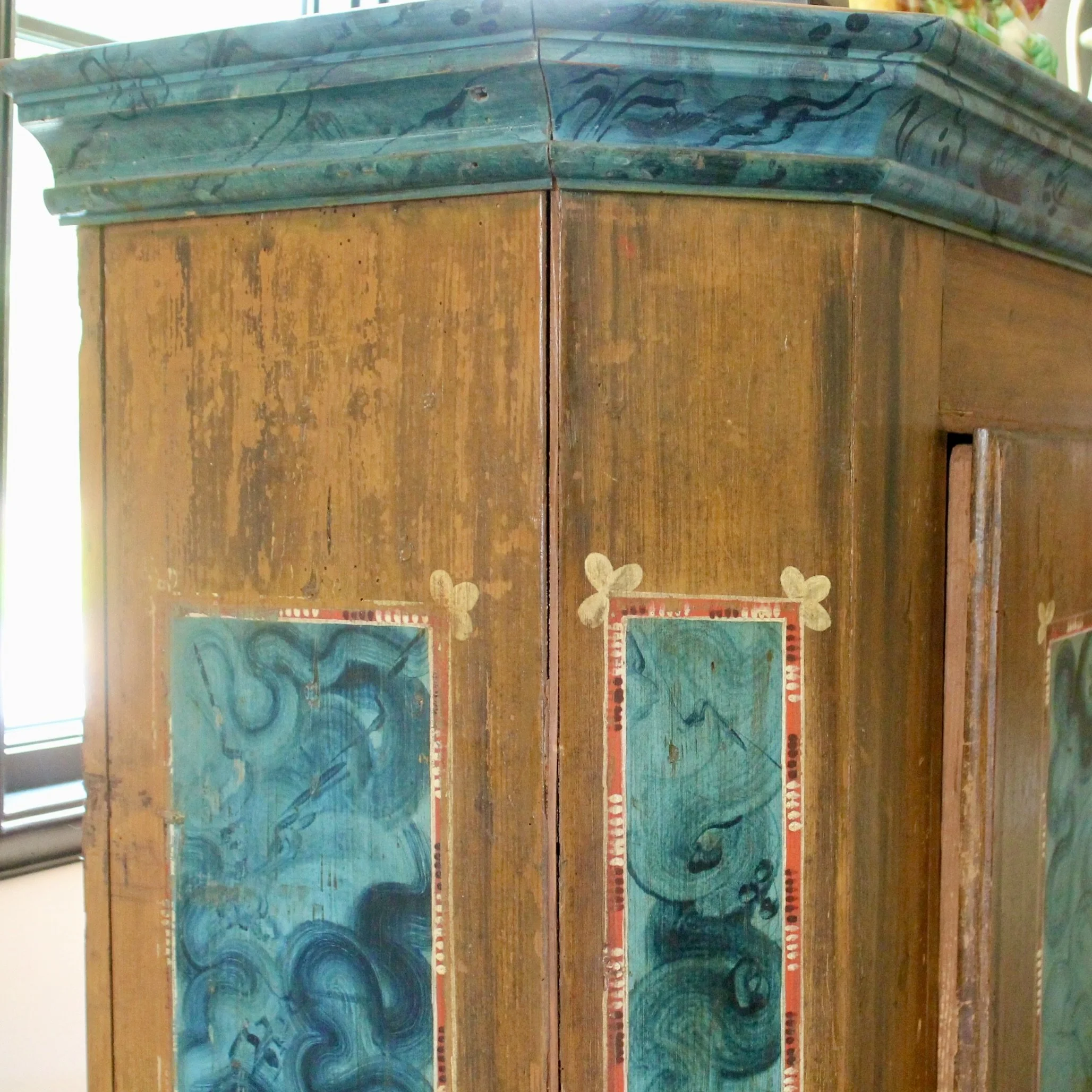 Swedish Antique Painted Armoire Cabinet in Turquoise and Ochre