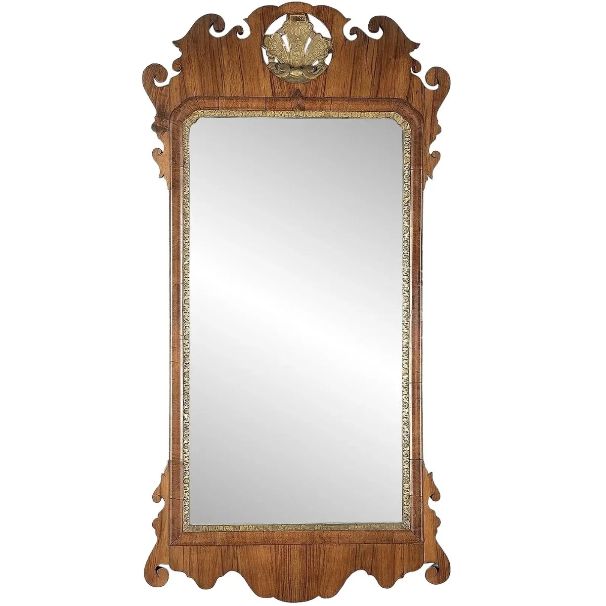 George II Walnut and Parcel Gilt Mirror with an Open Gesso Carved and Gilt Shell