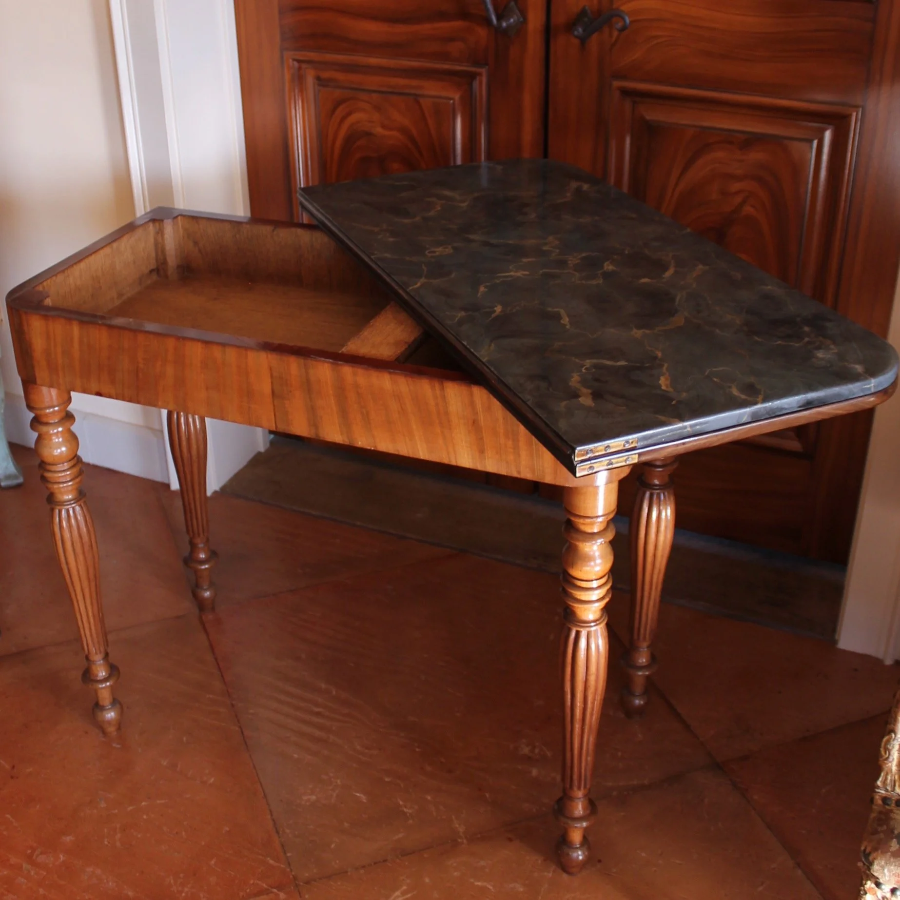 French-Faux-Marble-Top-Painted-Mahogany-Console-Table-Game-Table