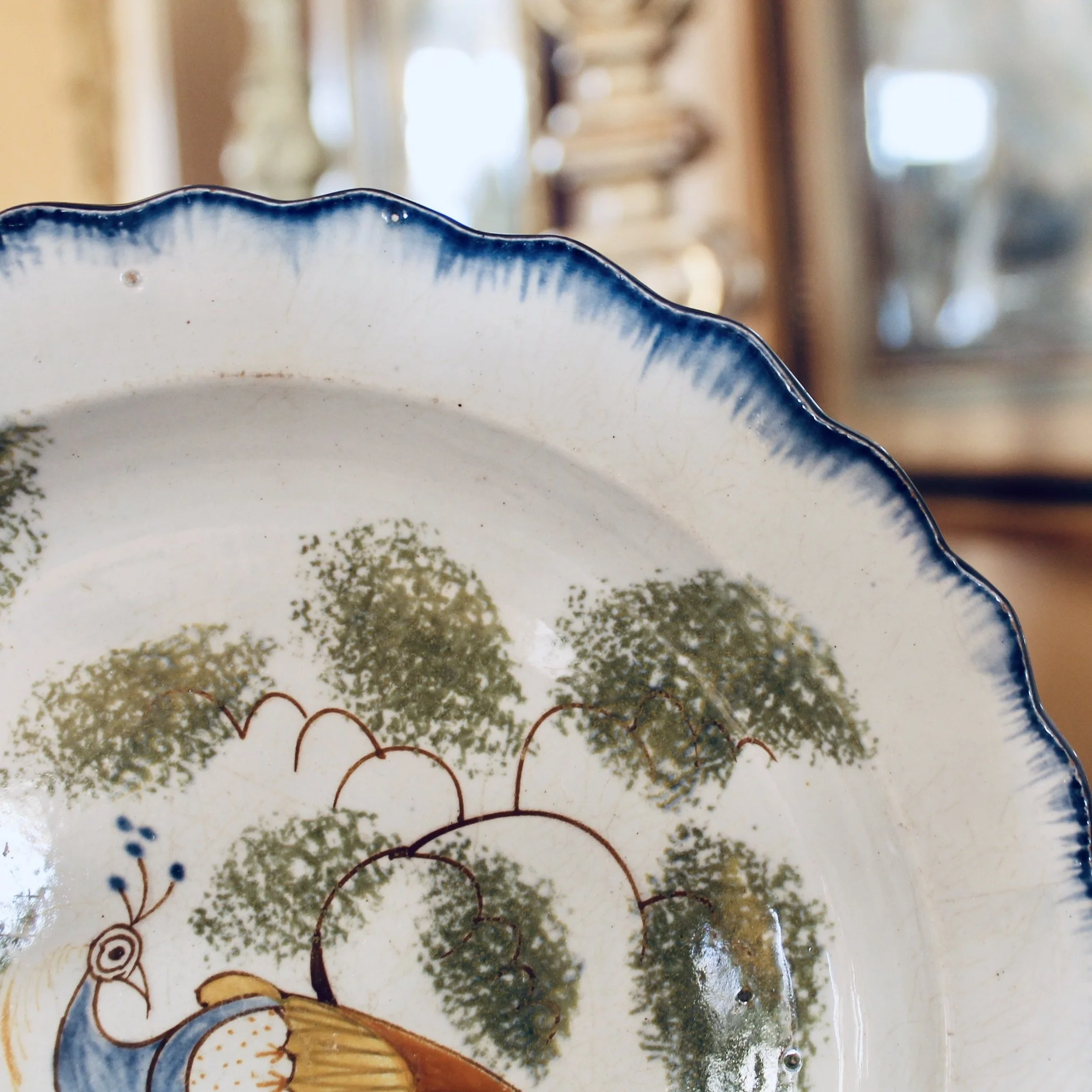 English Delftware Peacock and Spongeware Plate