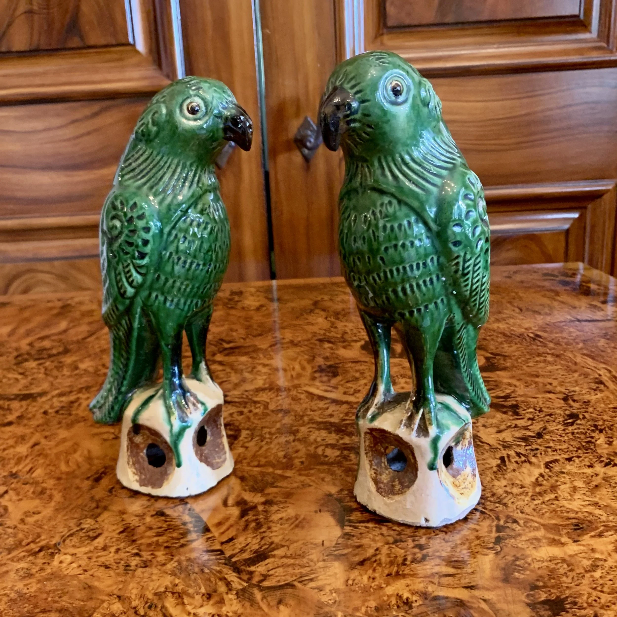 Pair of Antique Sancai Glazed Chinese Export Parrots