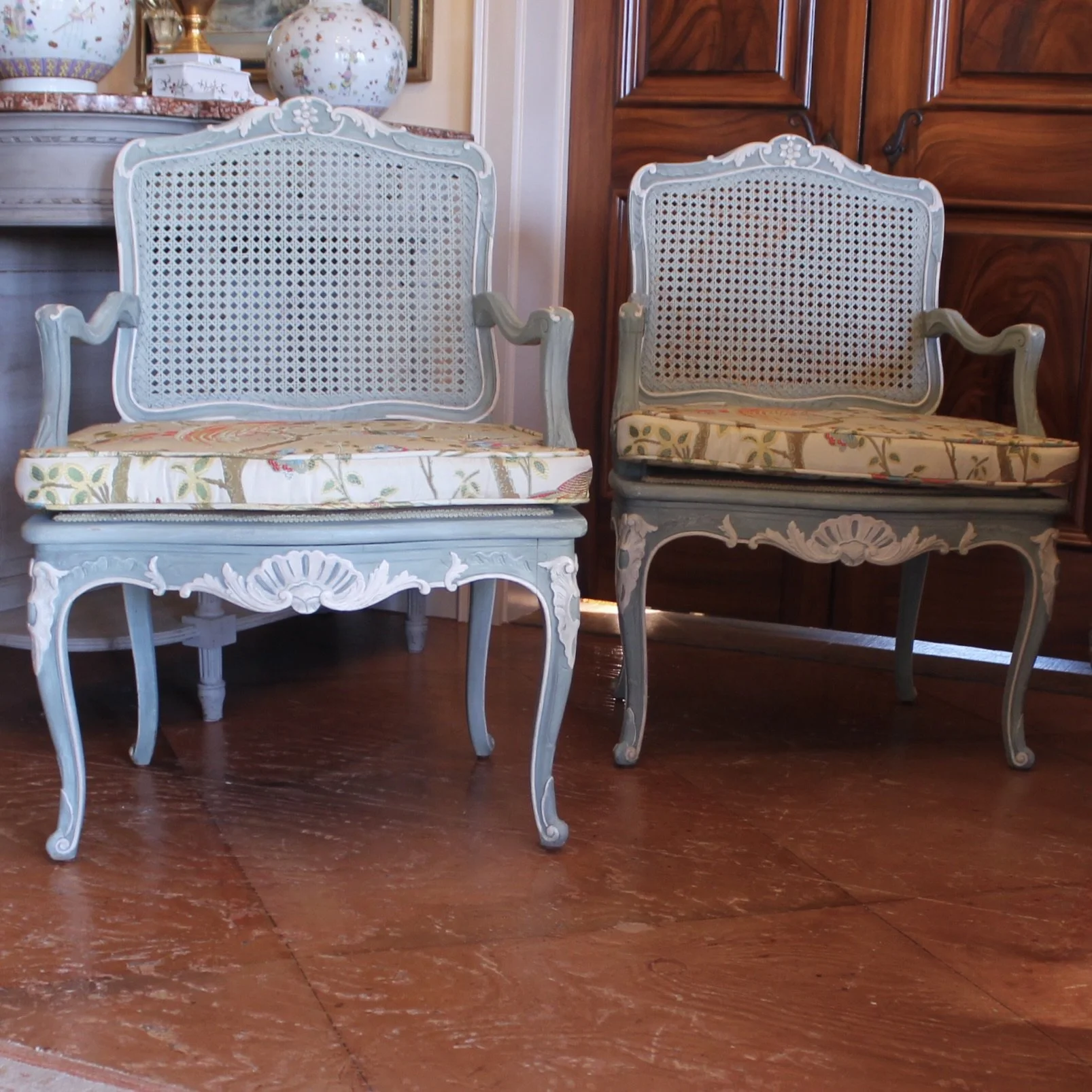 Pair of French Provincial Armchairs in Blue Painted Finish