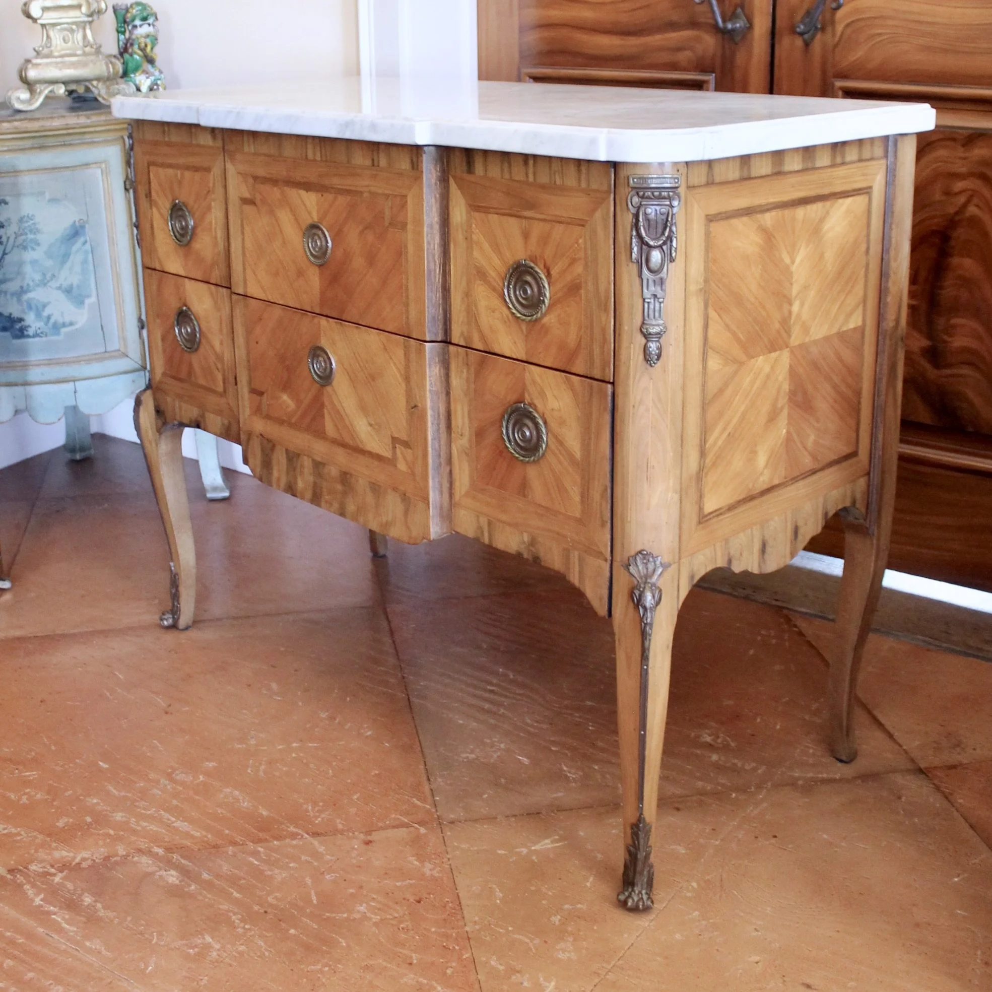 French Transitional Marquetry Commode With Marble Top
