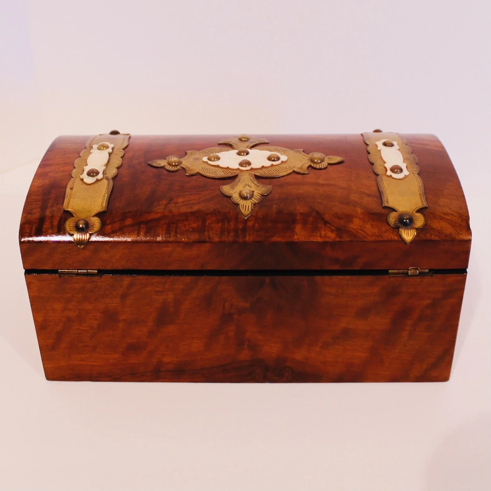 English Burl Walnut Tea Caddy with Decorative Brass Mounts