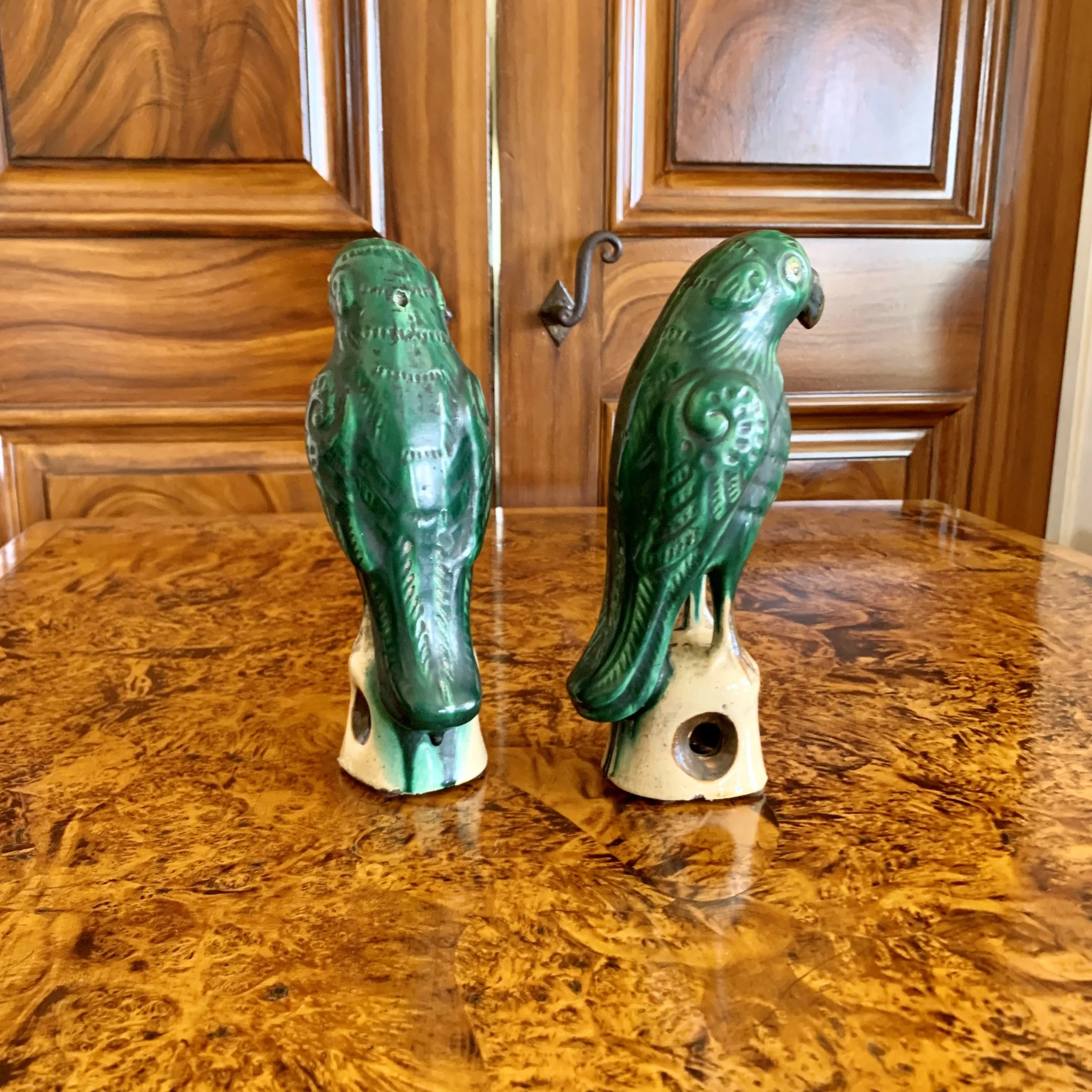 Pair  Antique Sancai Glazed Chinese Export Parrots