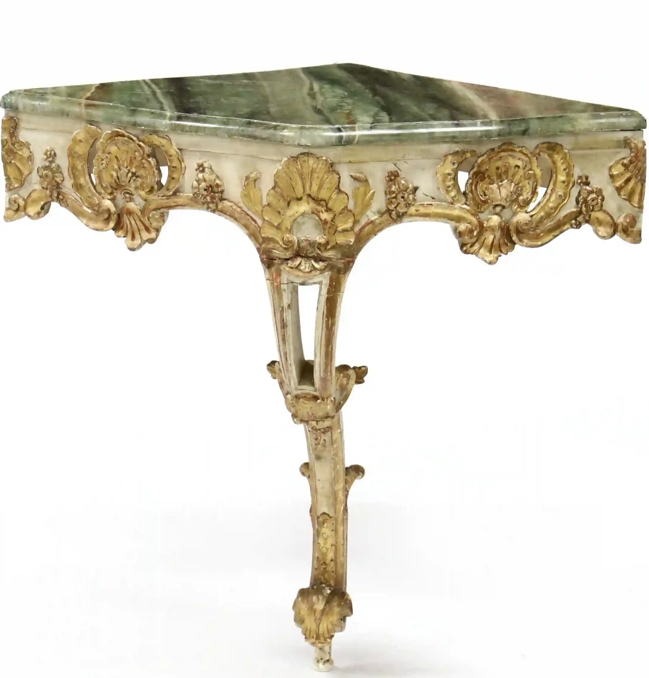 Italian Rococo Carved Corner Console Table with Faux Marble Top