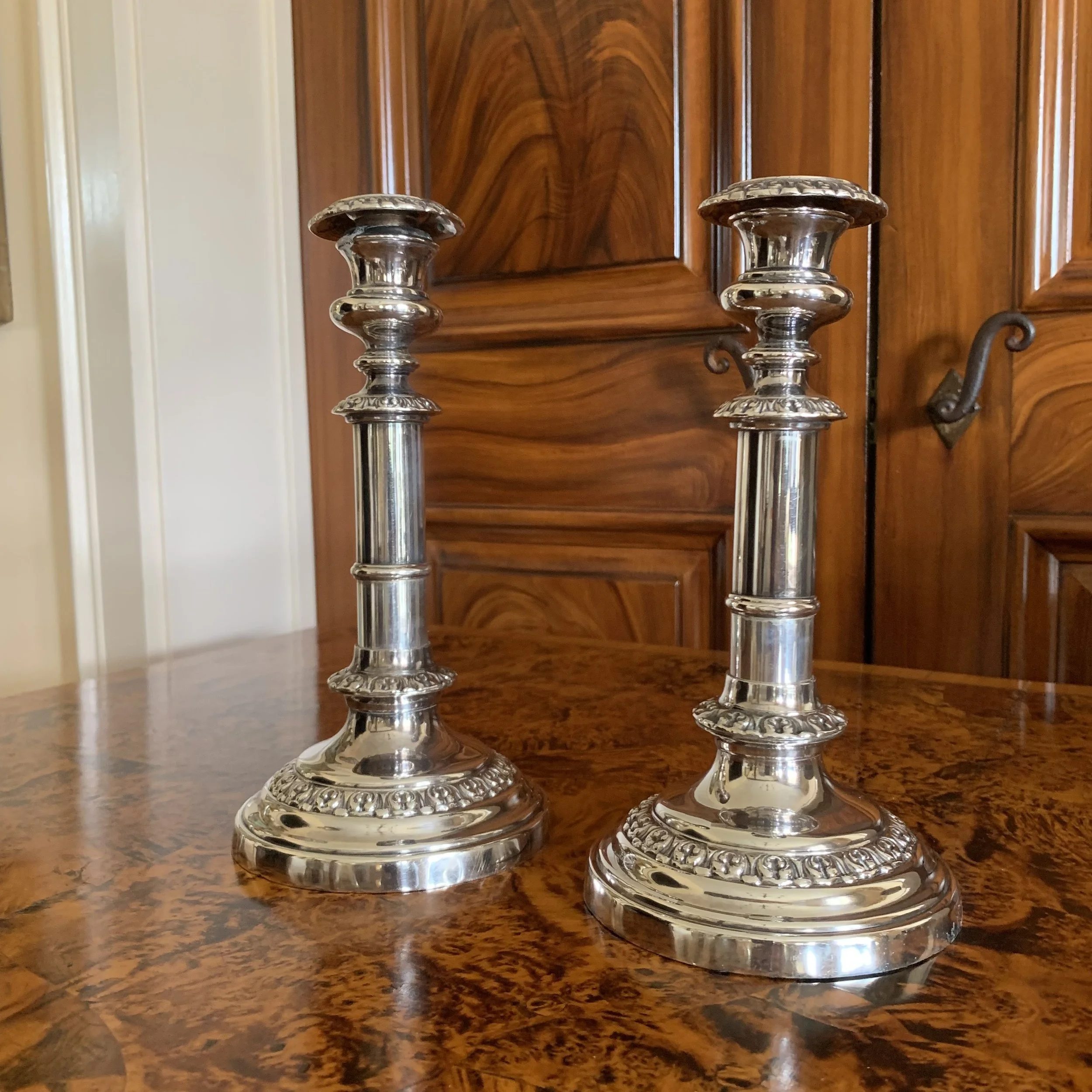 English Sheffield Silver Telescopic Candlesticks