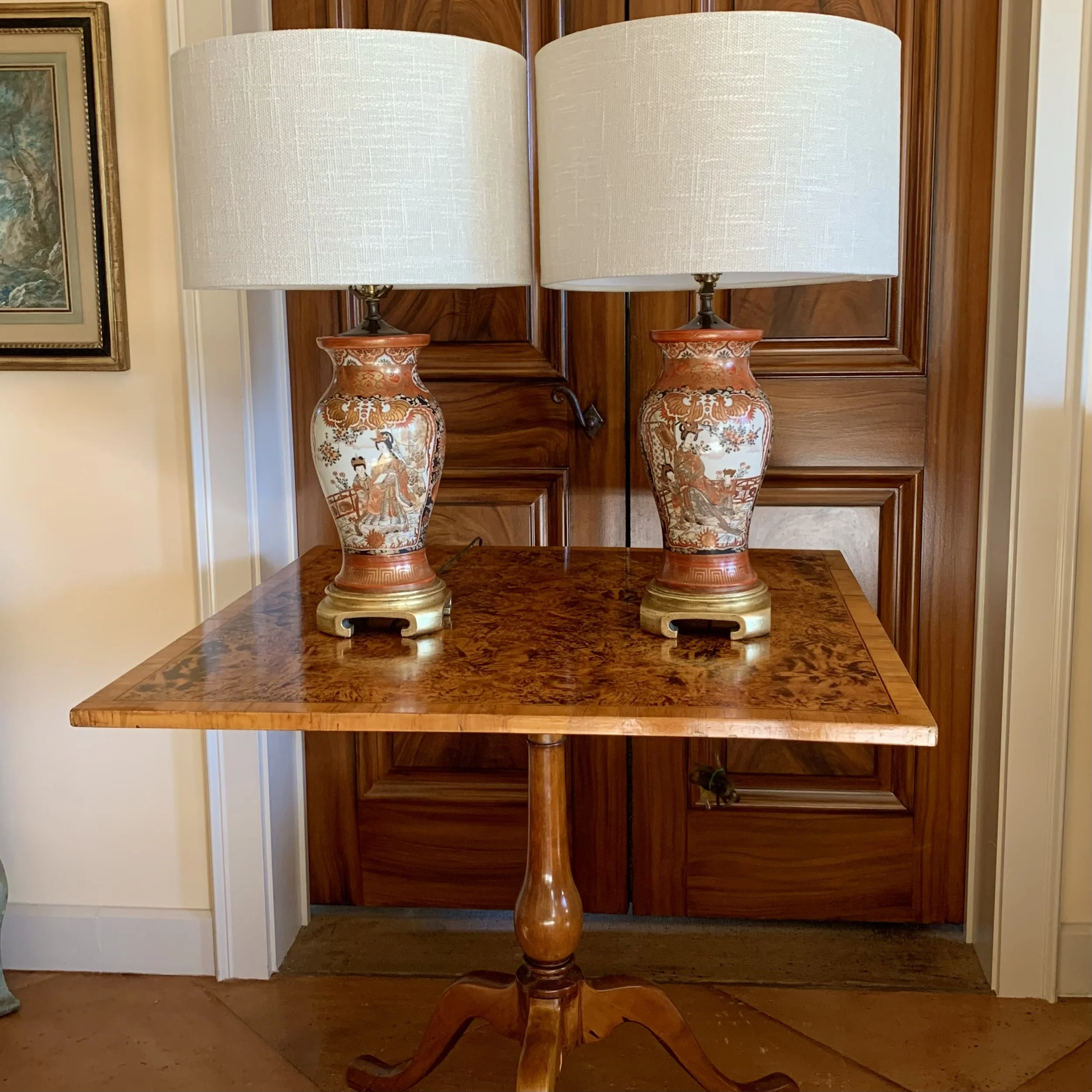 Pair Antique Japanese Kutani Porcelain Vase Lamps