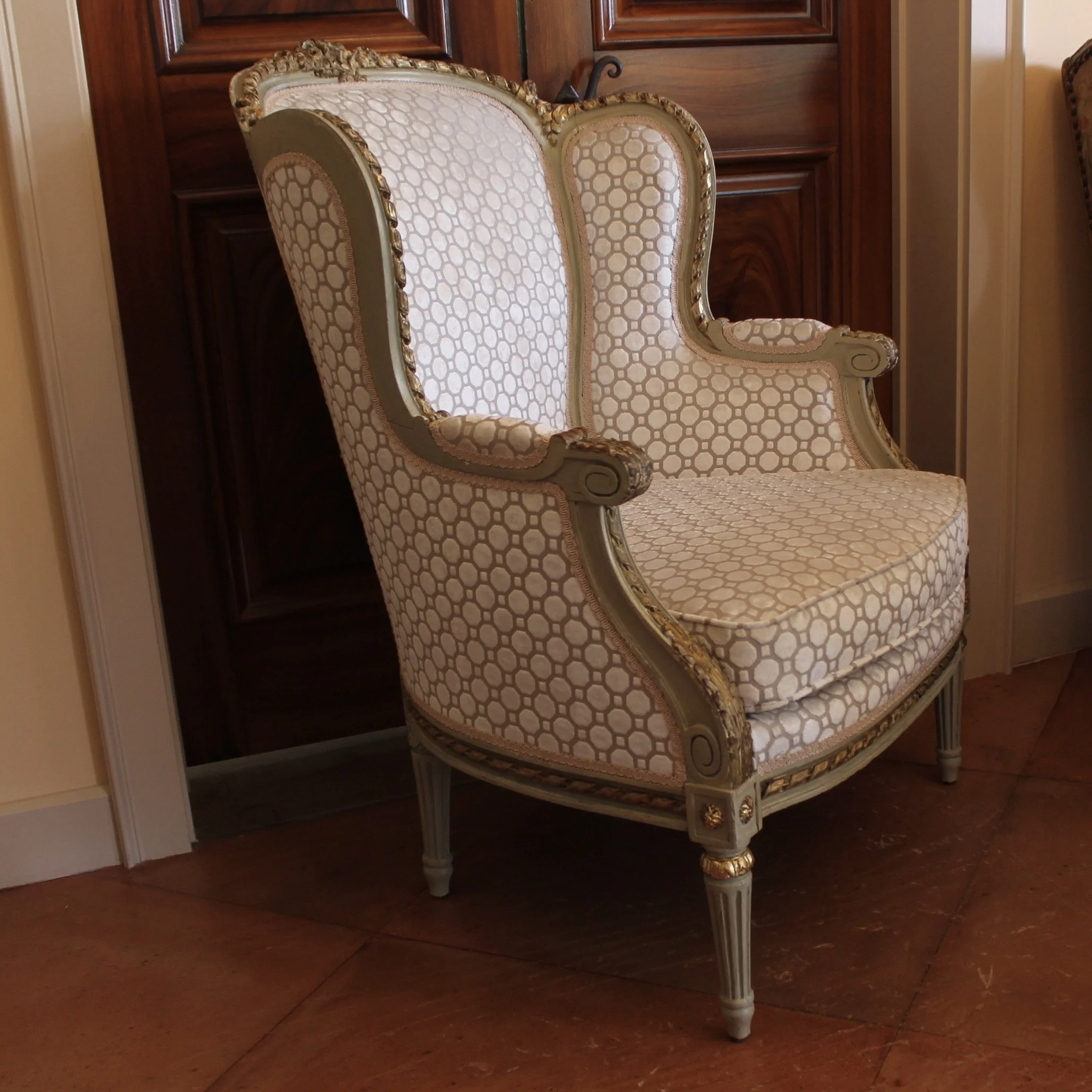 Large French  Painted Gilt Bergère Armchair