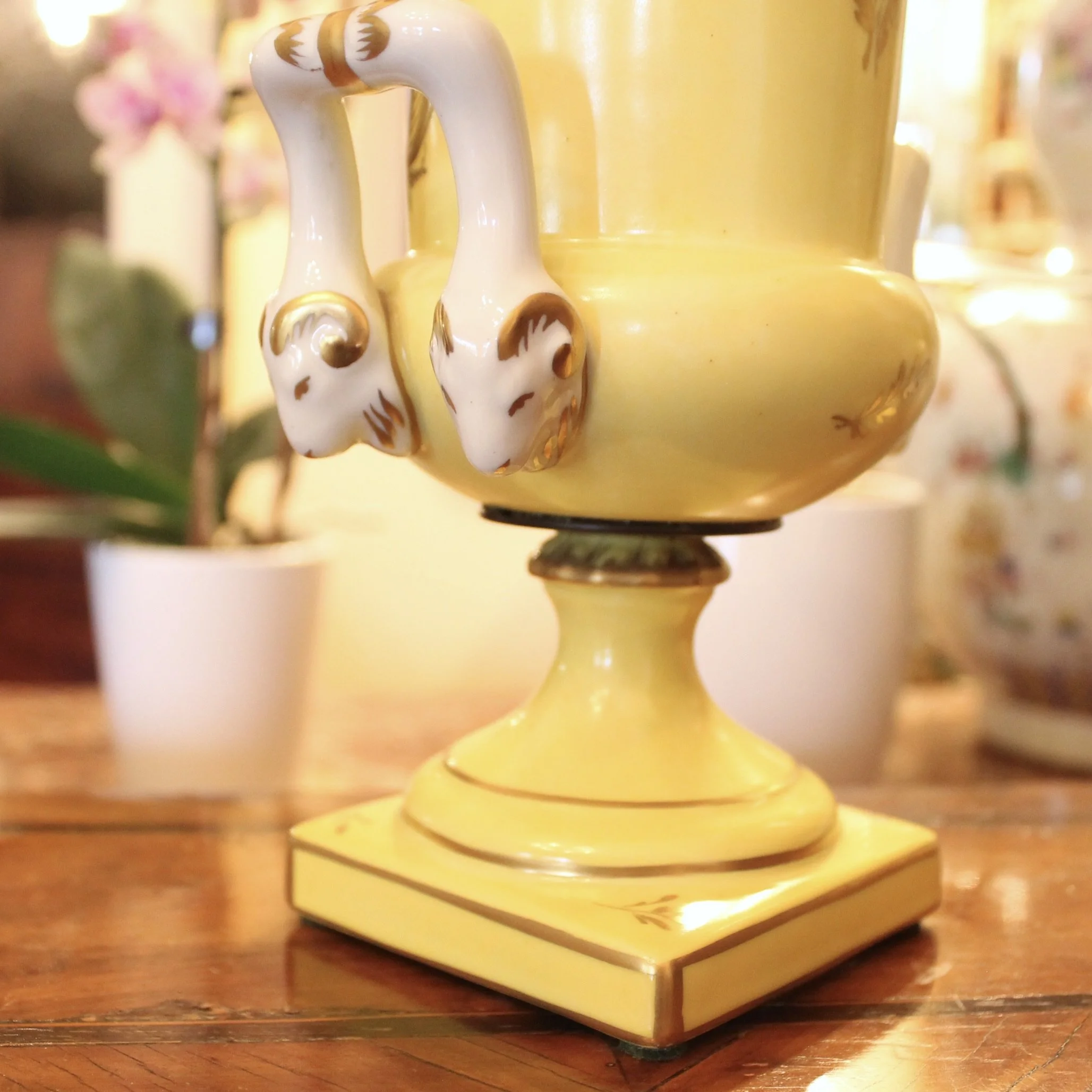 Pair of Paris Porcelain Yellow Glazed and Gilt Urn CACHEPOTS