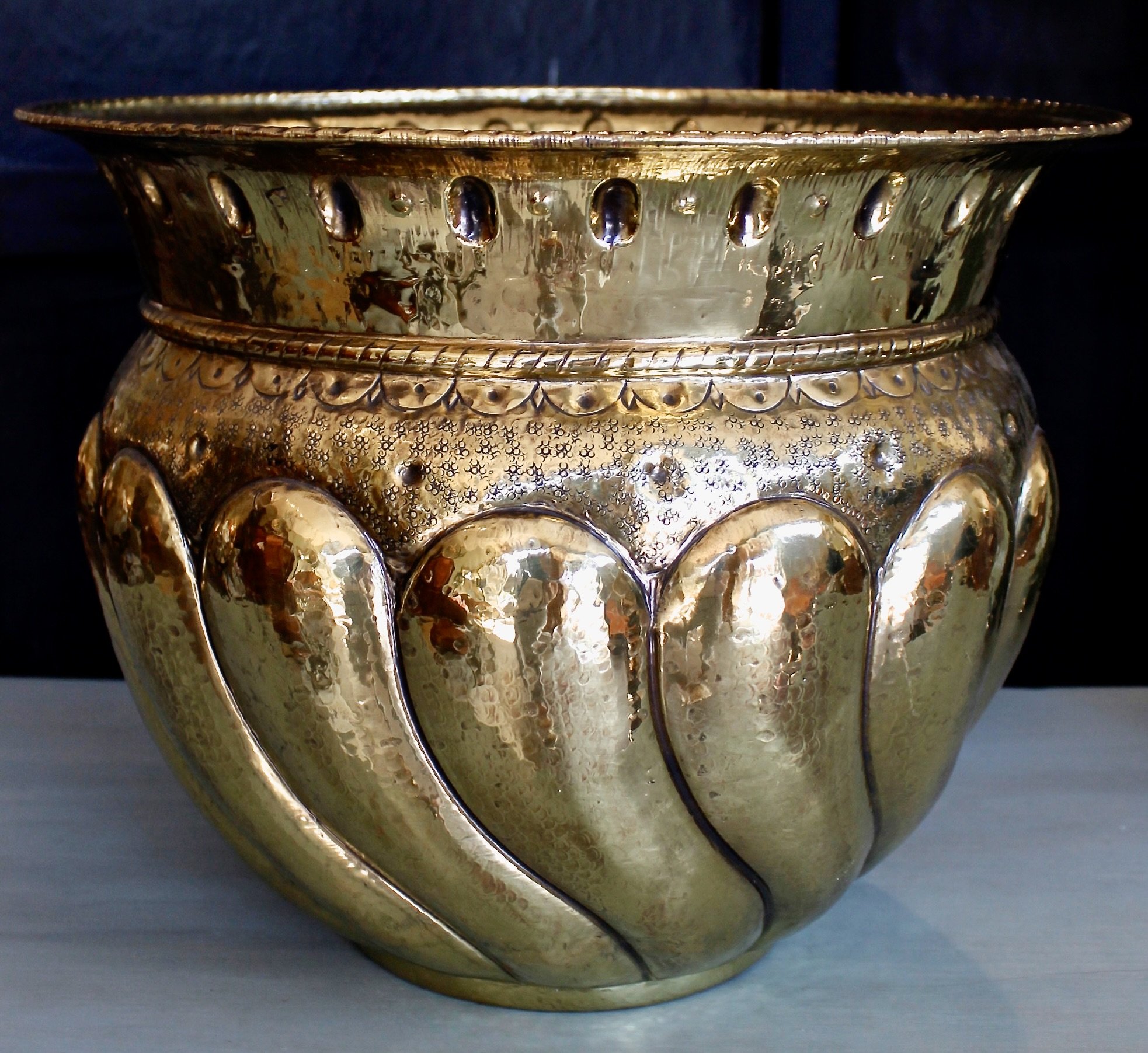 Large Baroque Brass Repousée Cachepot