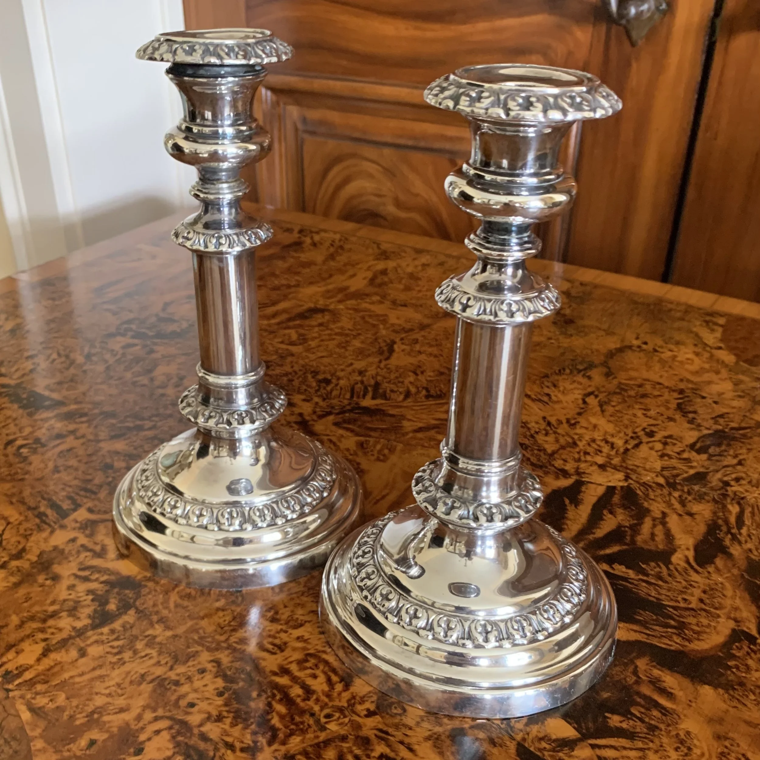 English Sheffield Silver Telescopic Candlesticks