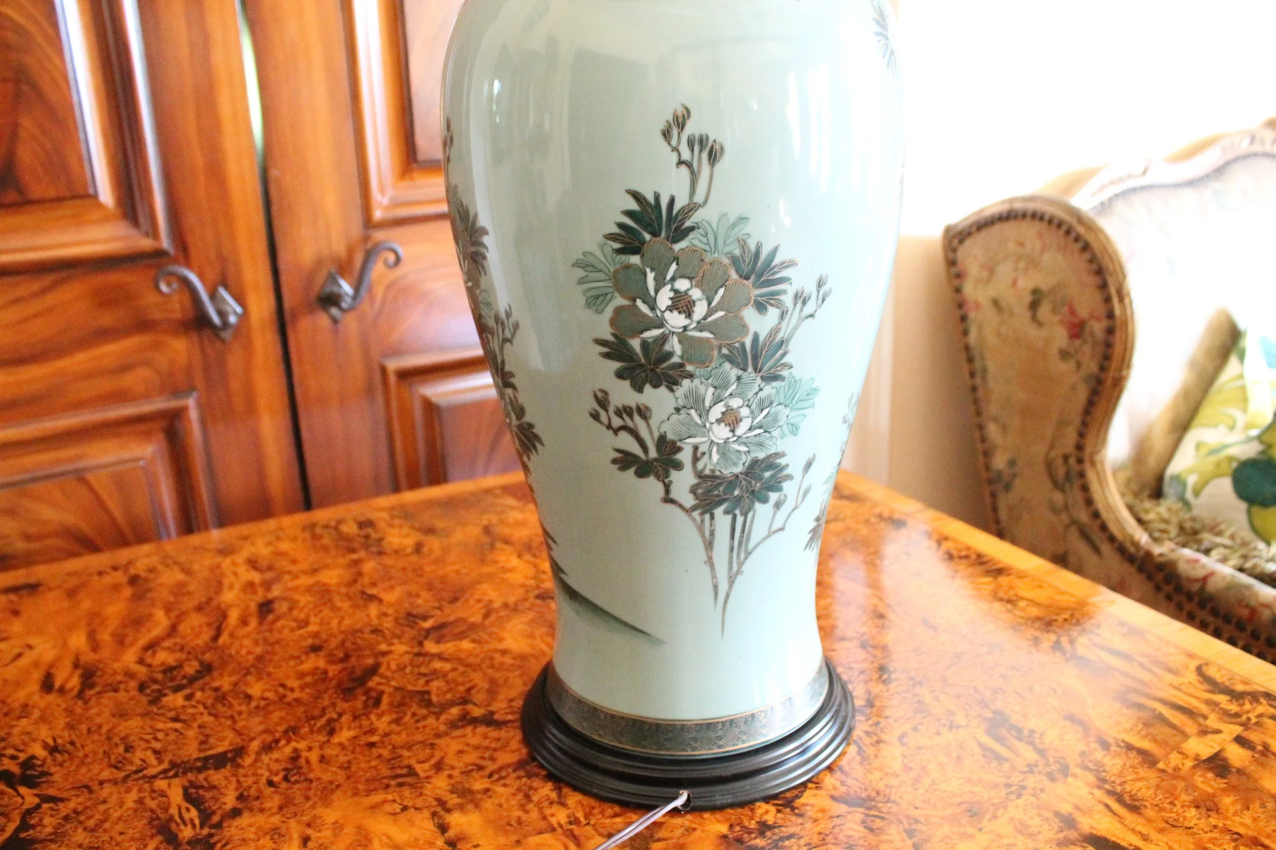 Japanese Satsuma celadon Peacock Lamp