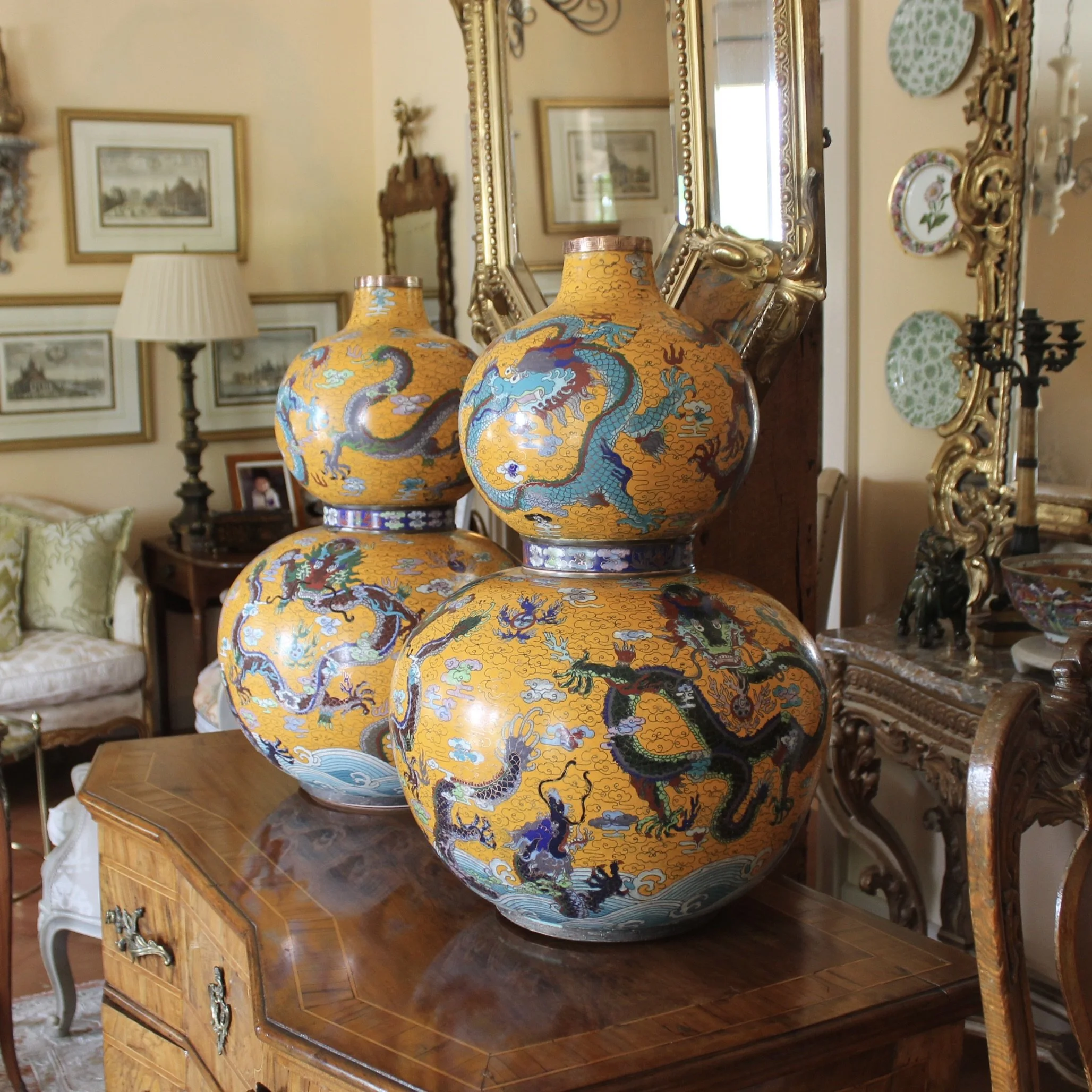 Pair of Yellow Chinese Cloisonné on Copper Double Gourd Vases