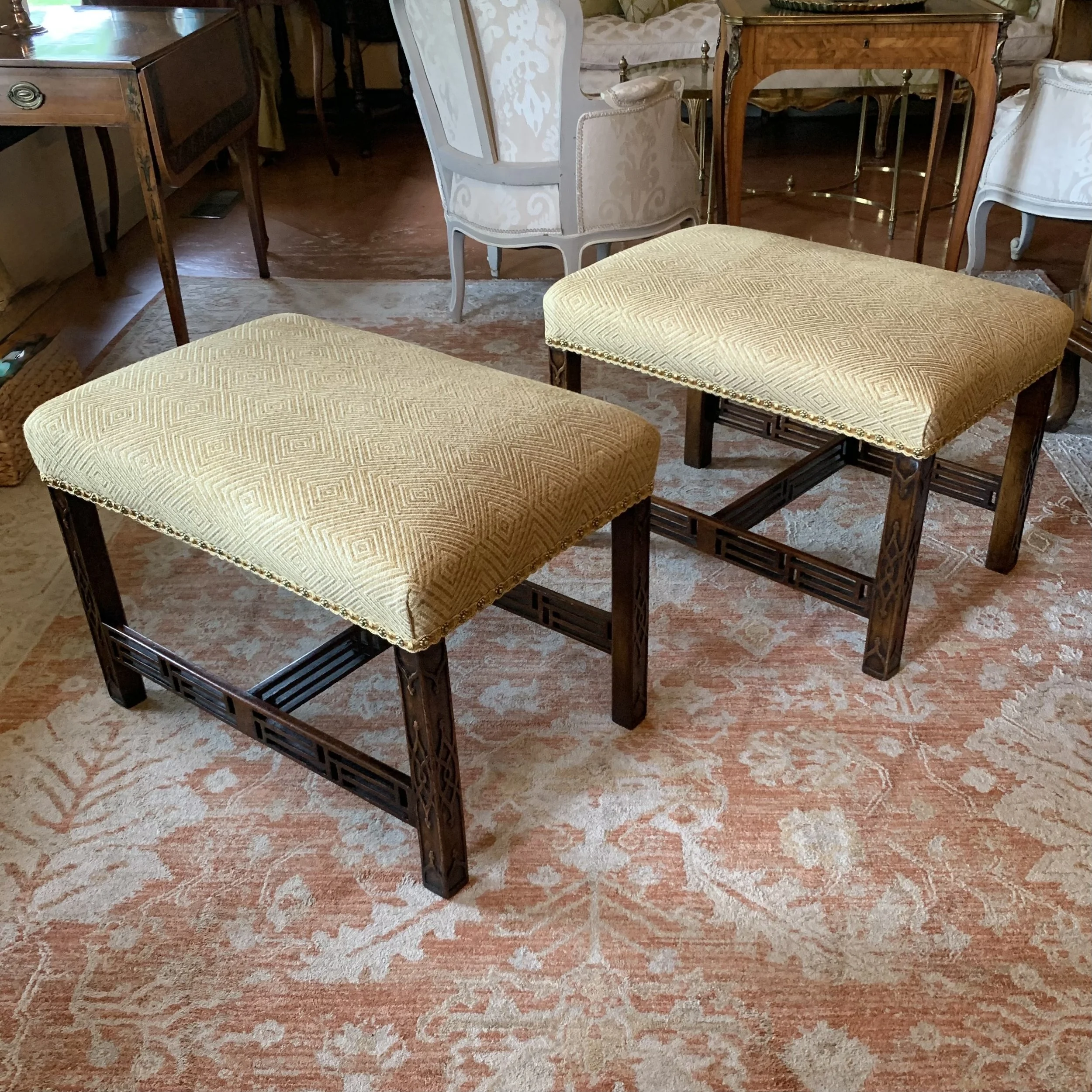 Pair of Georgian Period Chinese Chippendale Fretwork Benches