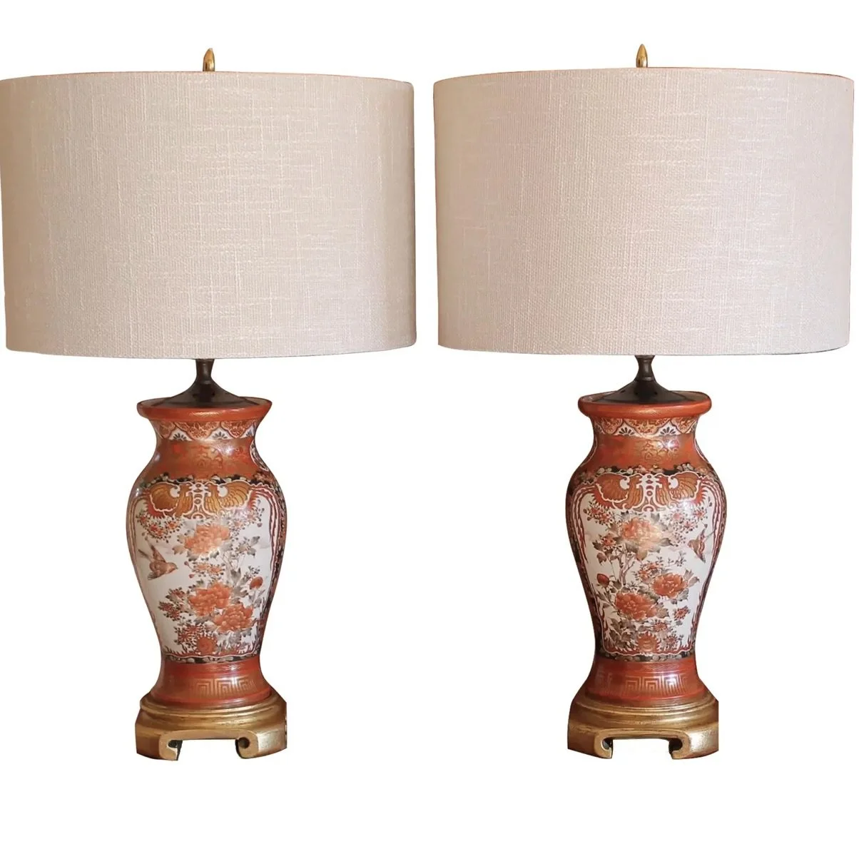 Pair Antique Japanese Kutani Porcelain Vase Lamps