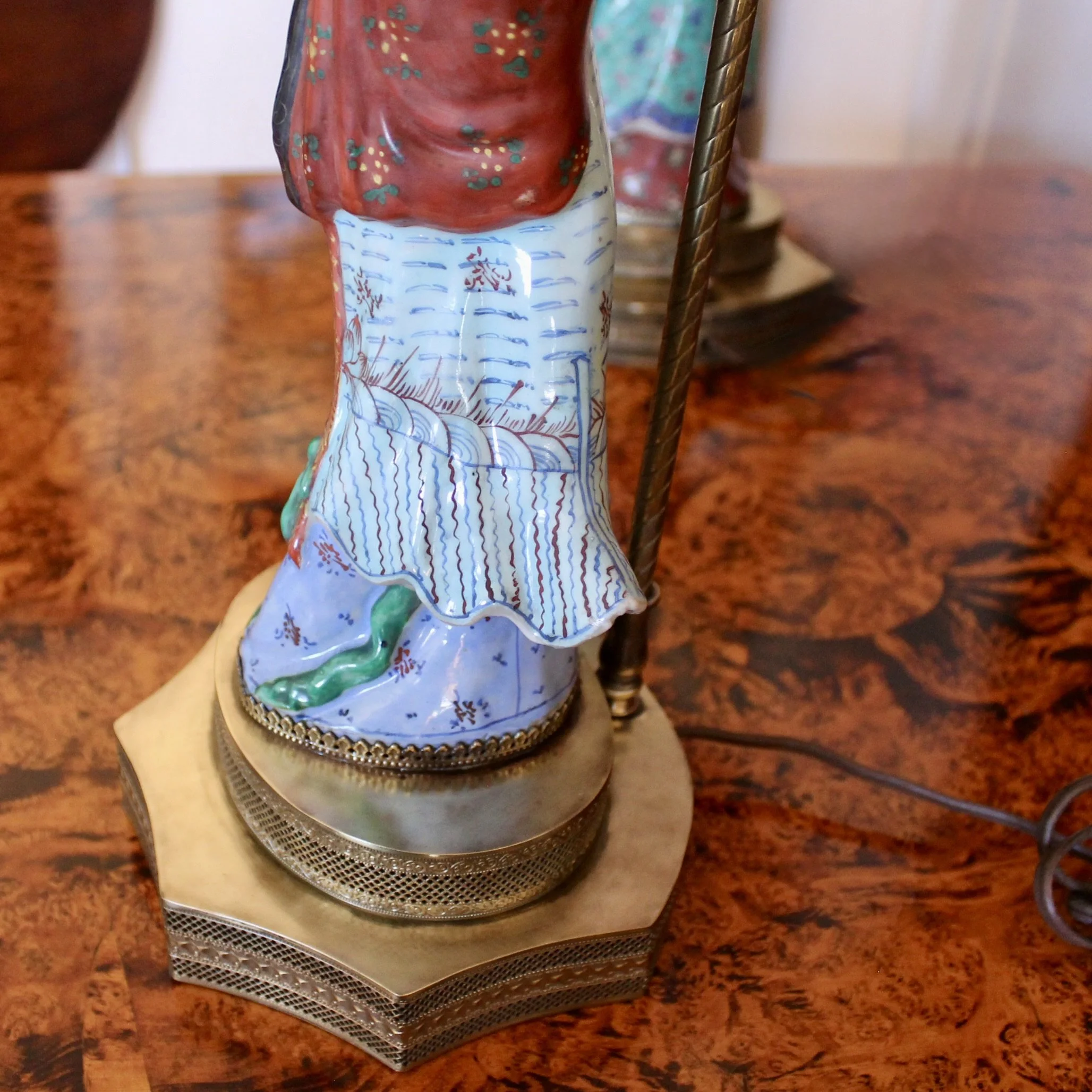 Antique Chinoiserie Porcelain Figure Lamps, Pair