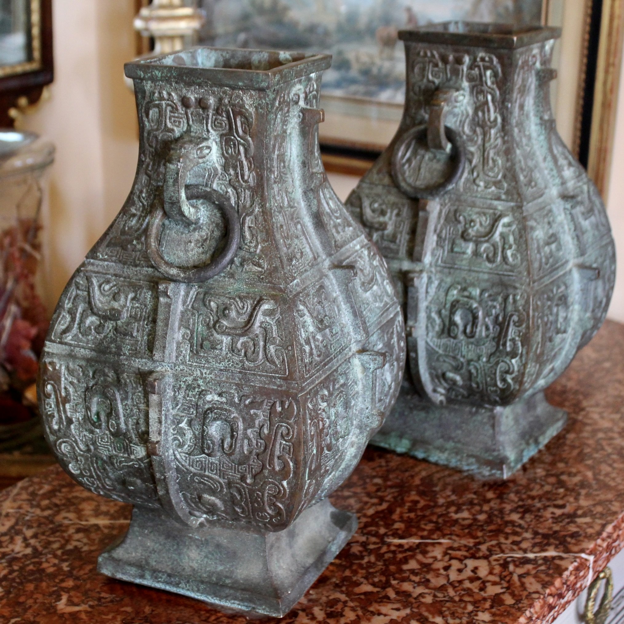 Pair of Chinese Bronze Archaic Style Urns