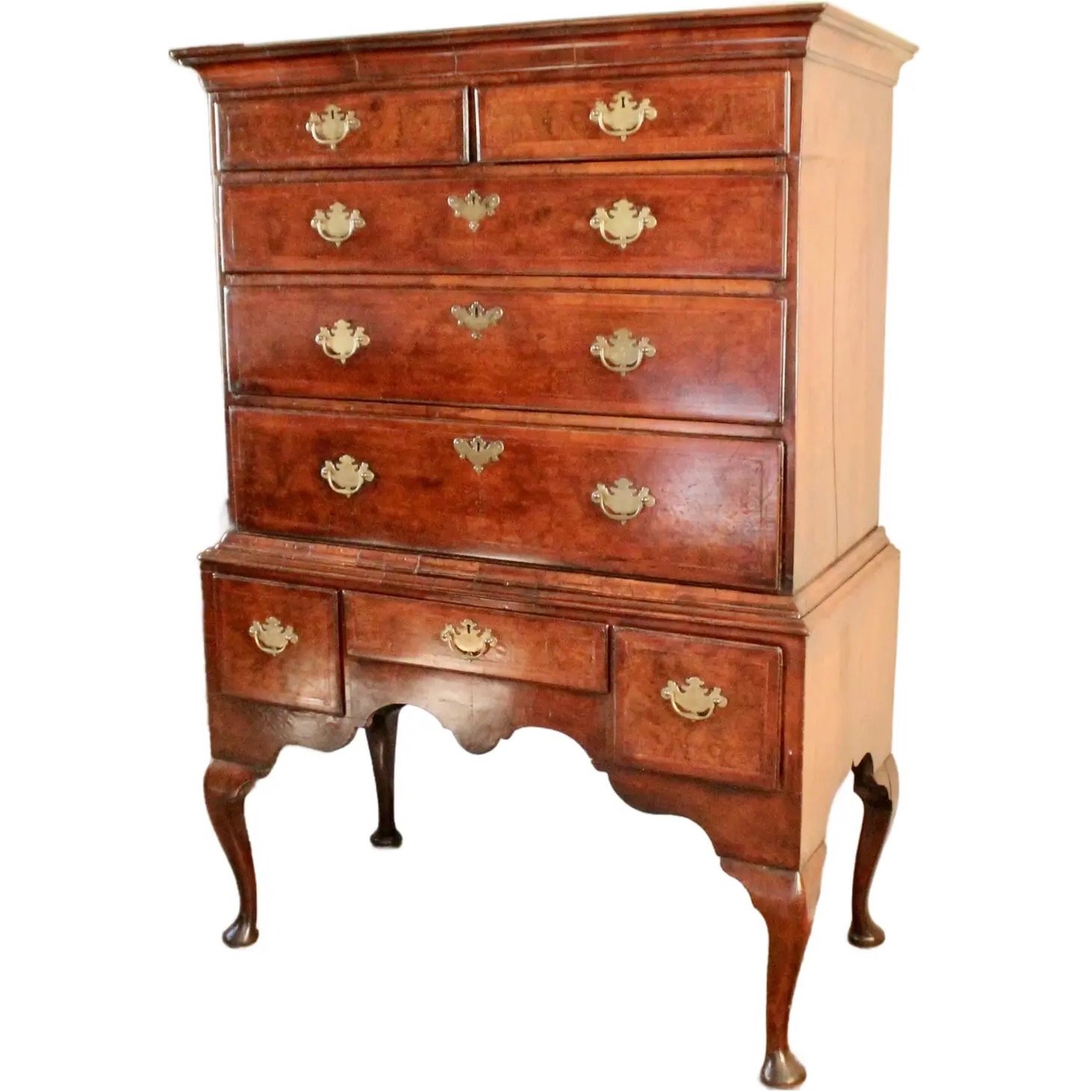 Early Georgian English Burl Walnut Highboy Chest on Stand