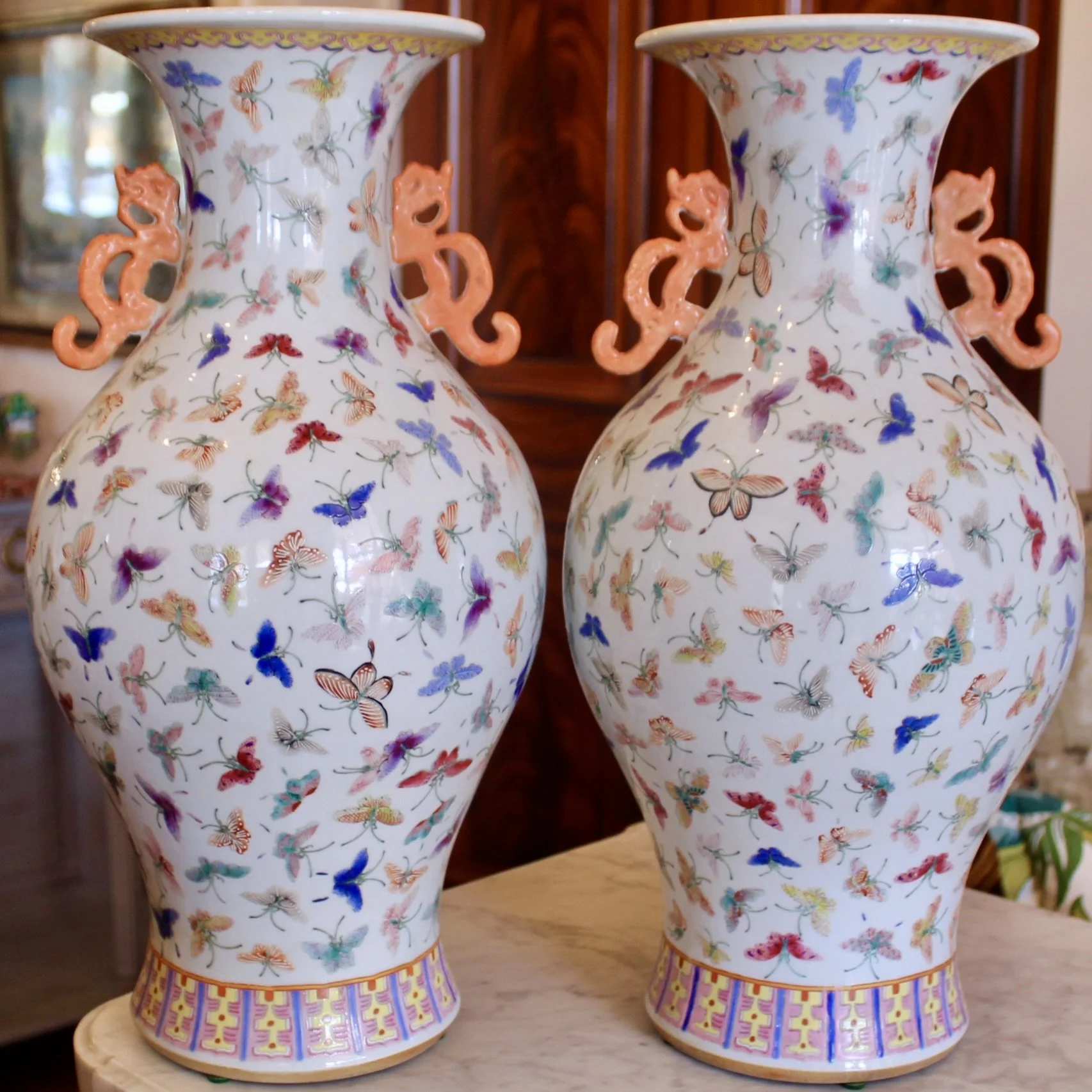 Pair of Large Chinese Thousand Butterfly Pattern Vases