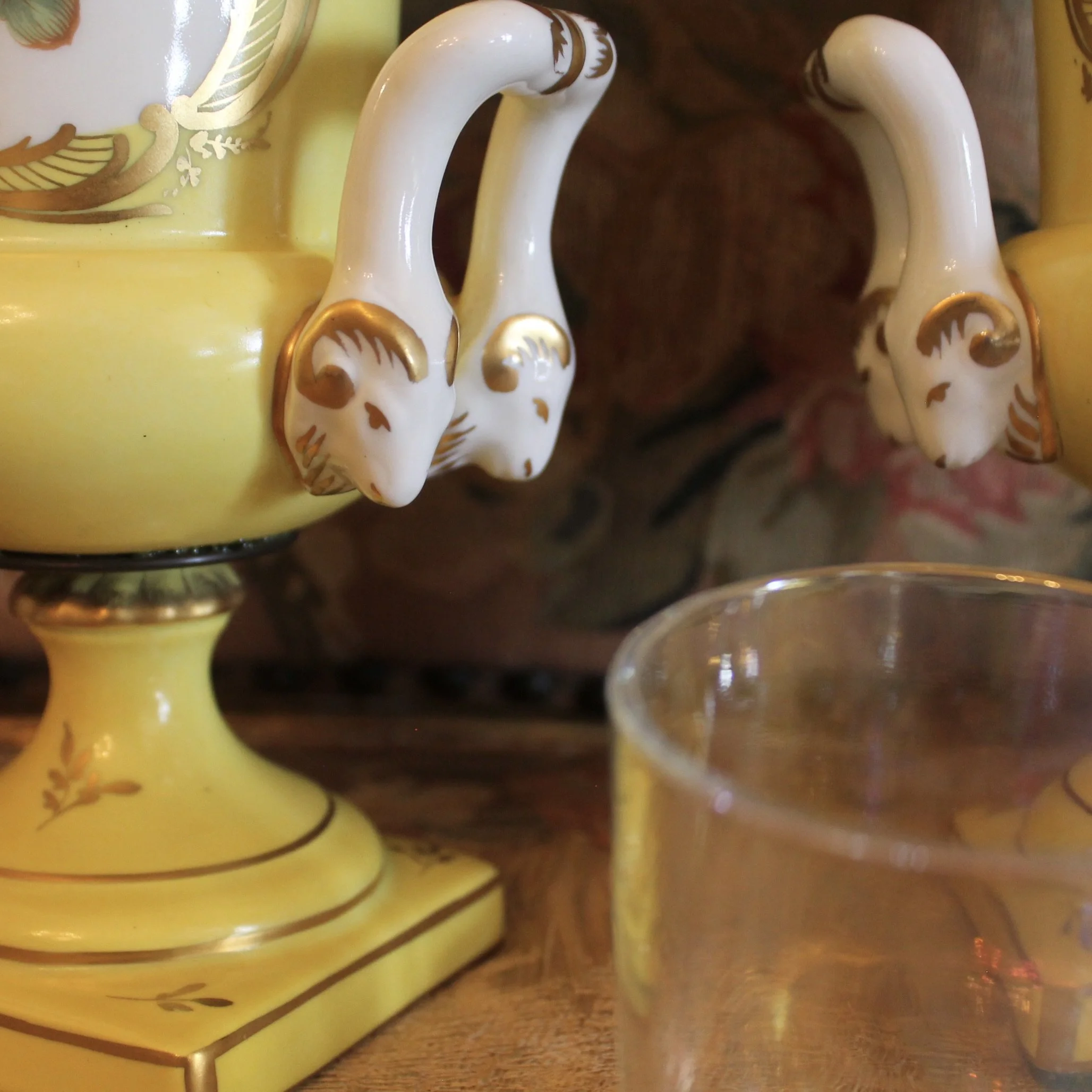 Pair of Paris Porcelain Yellow Glazed and Gilt Urn CACHEPOTS