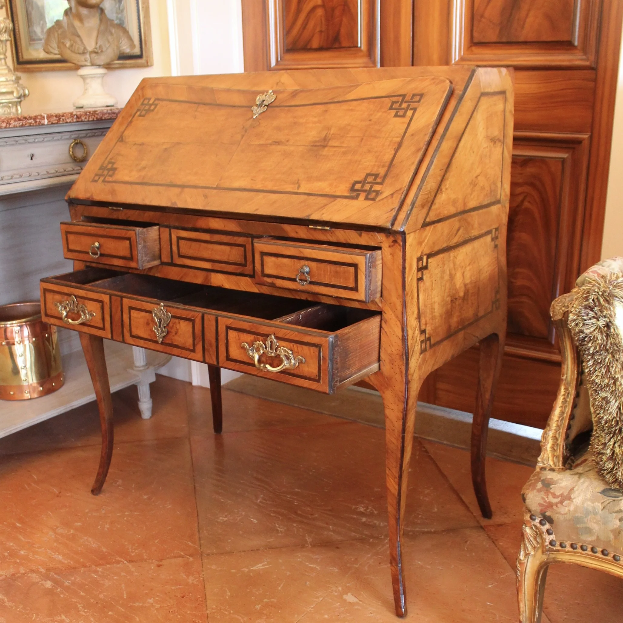 French Provincial Marquetry Slant Front Desk