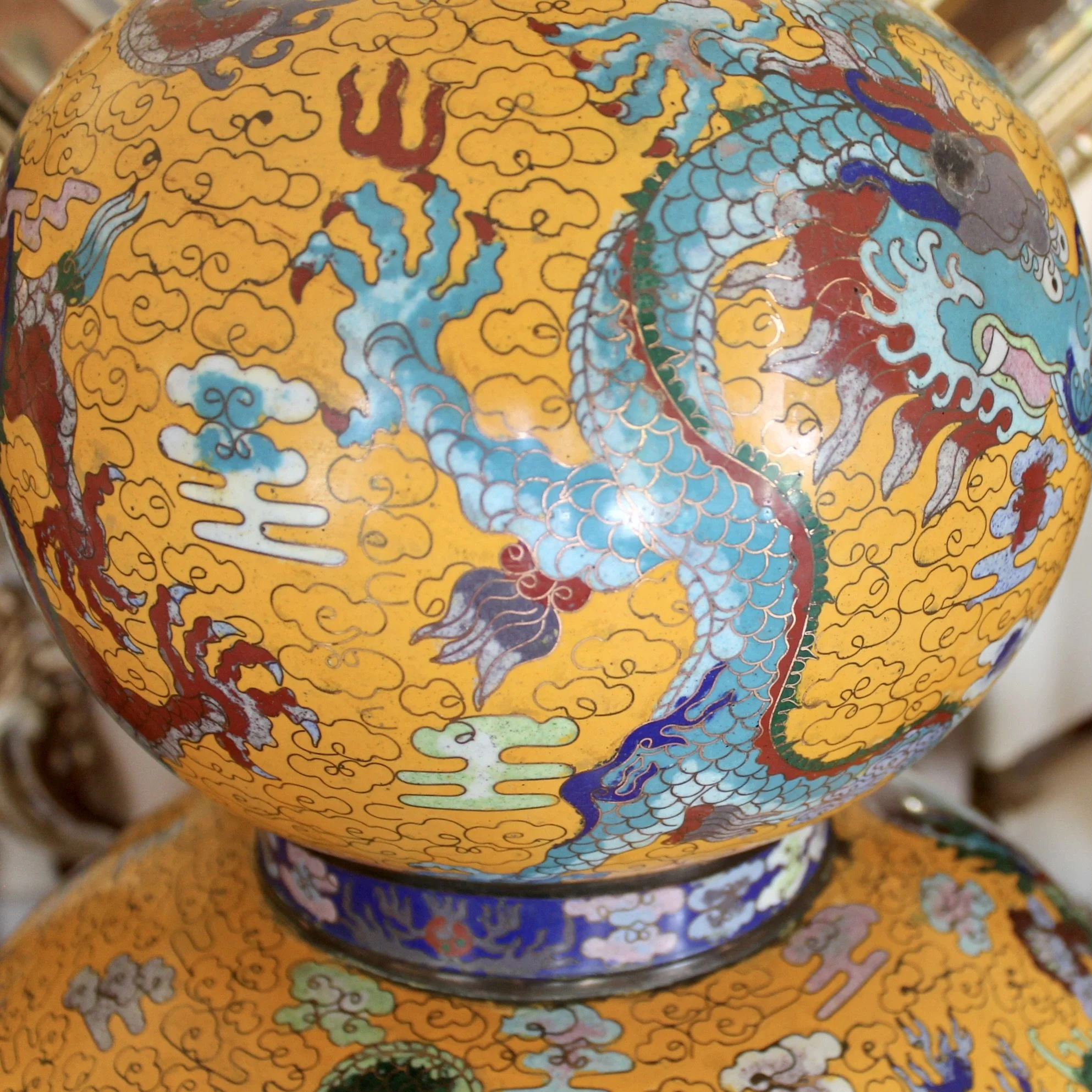 Pair of Yellow Chinese Cloisonné on Copper Double Gourd Vases