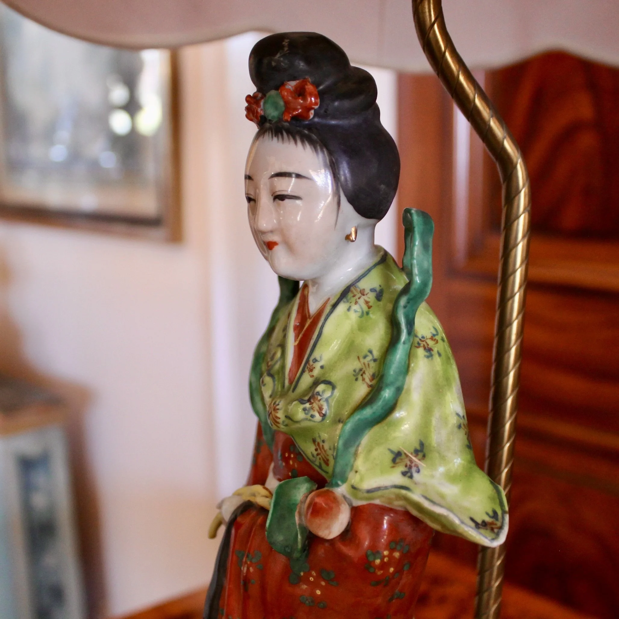 Antique Chinoiserie Porcelain Figure Lamps, Pair