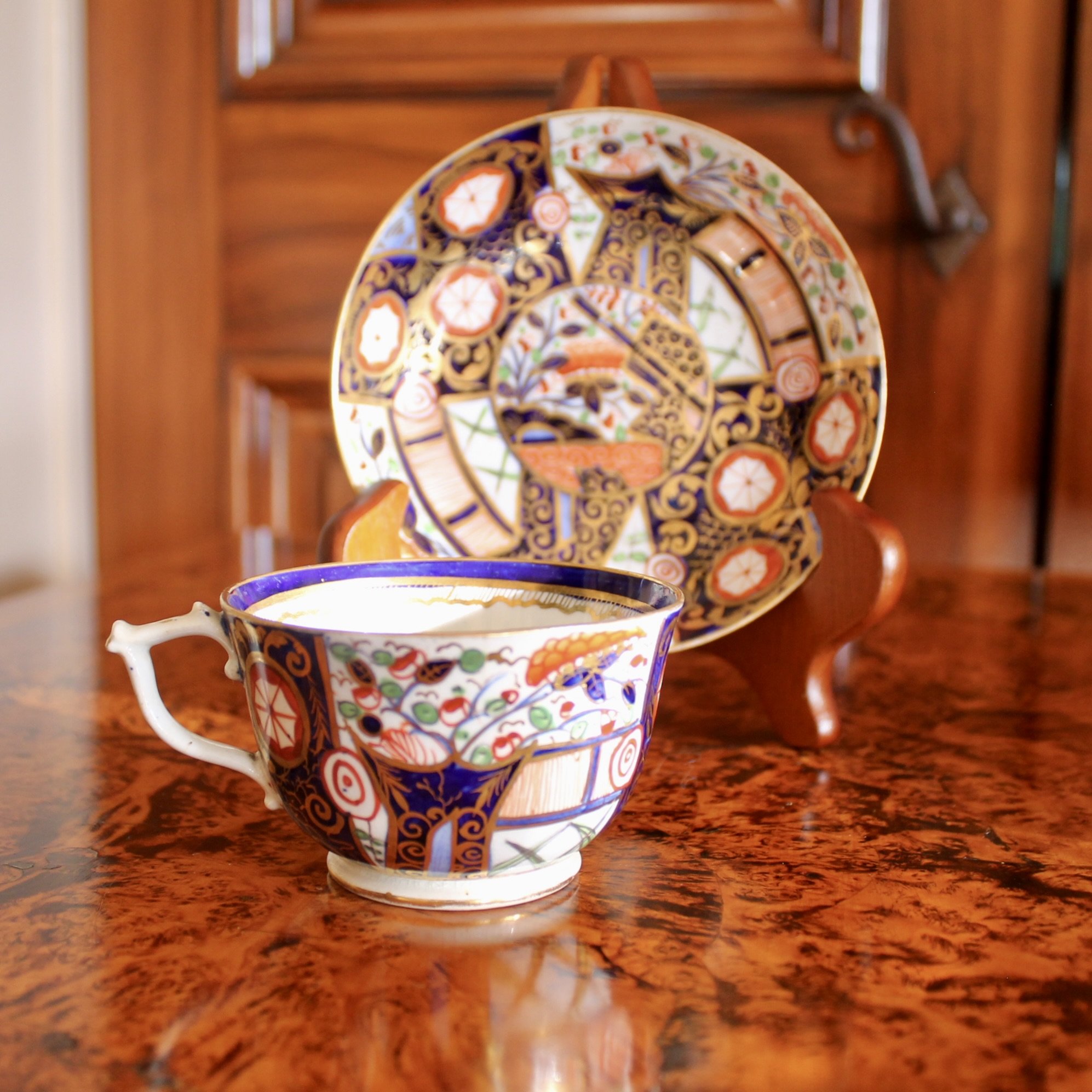 IMG_2093.Derby Early 19th Century Gilt Imari Porcelain Cup and Saucer