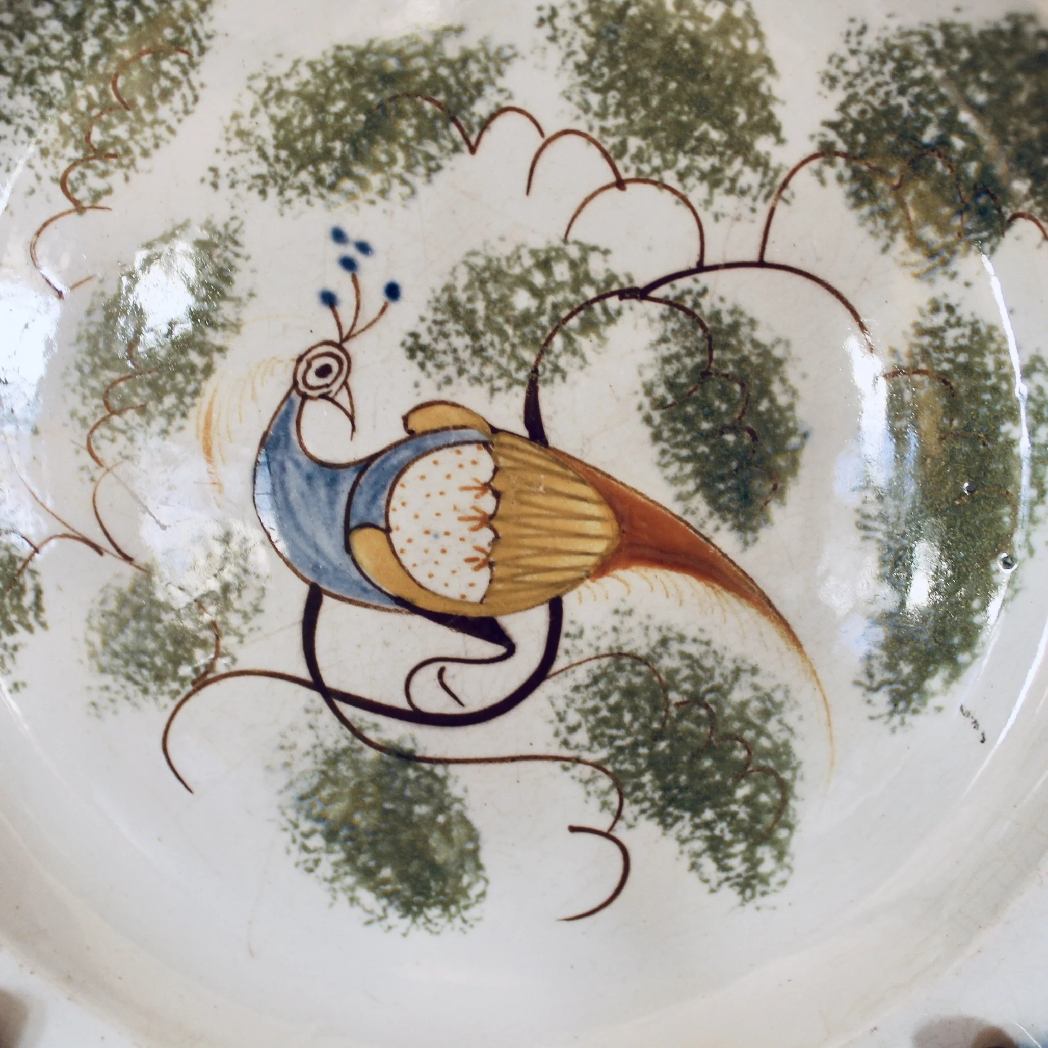 English Delftware Peacock and Spongeware Plate